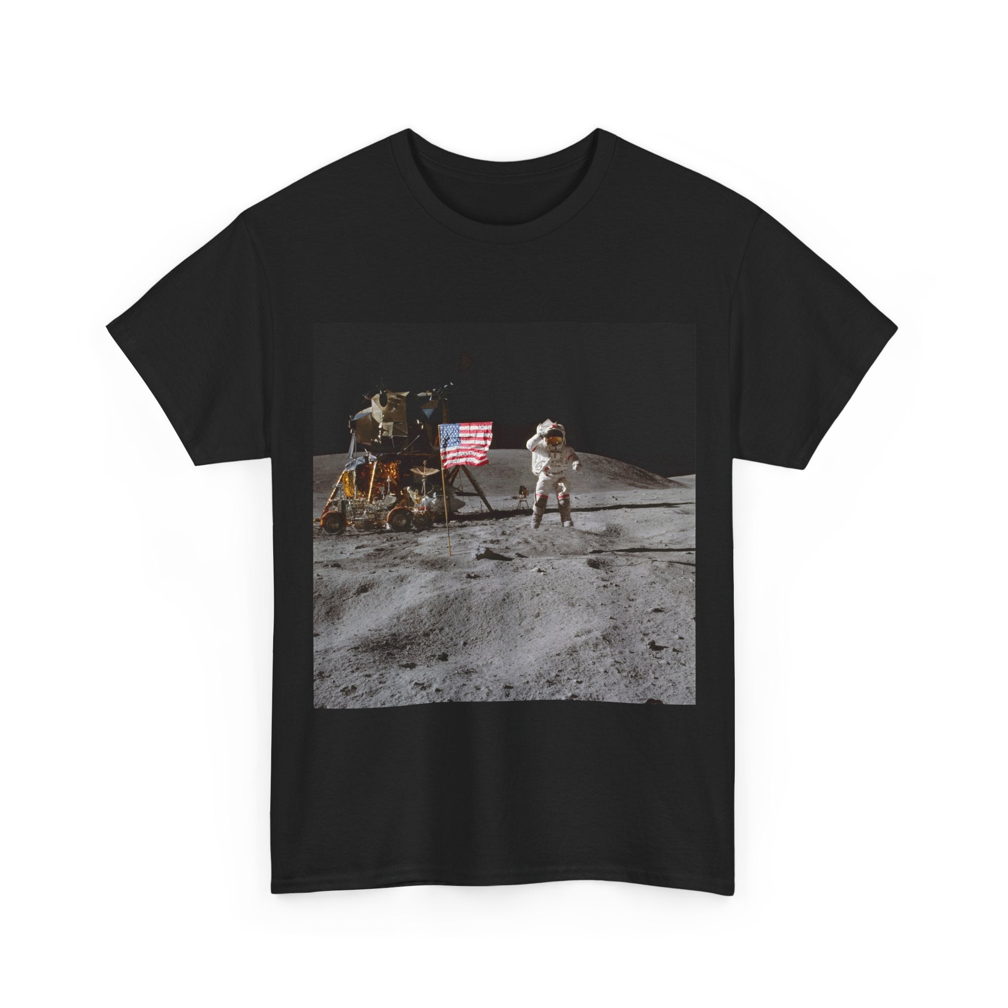 Moon Landing Graphic Tee — Astronaut Flag Photo T-Shirt