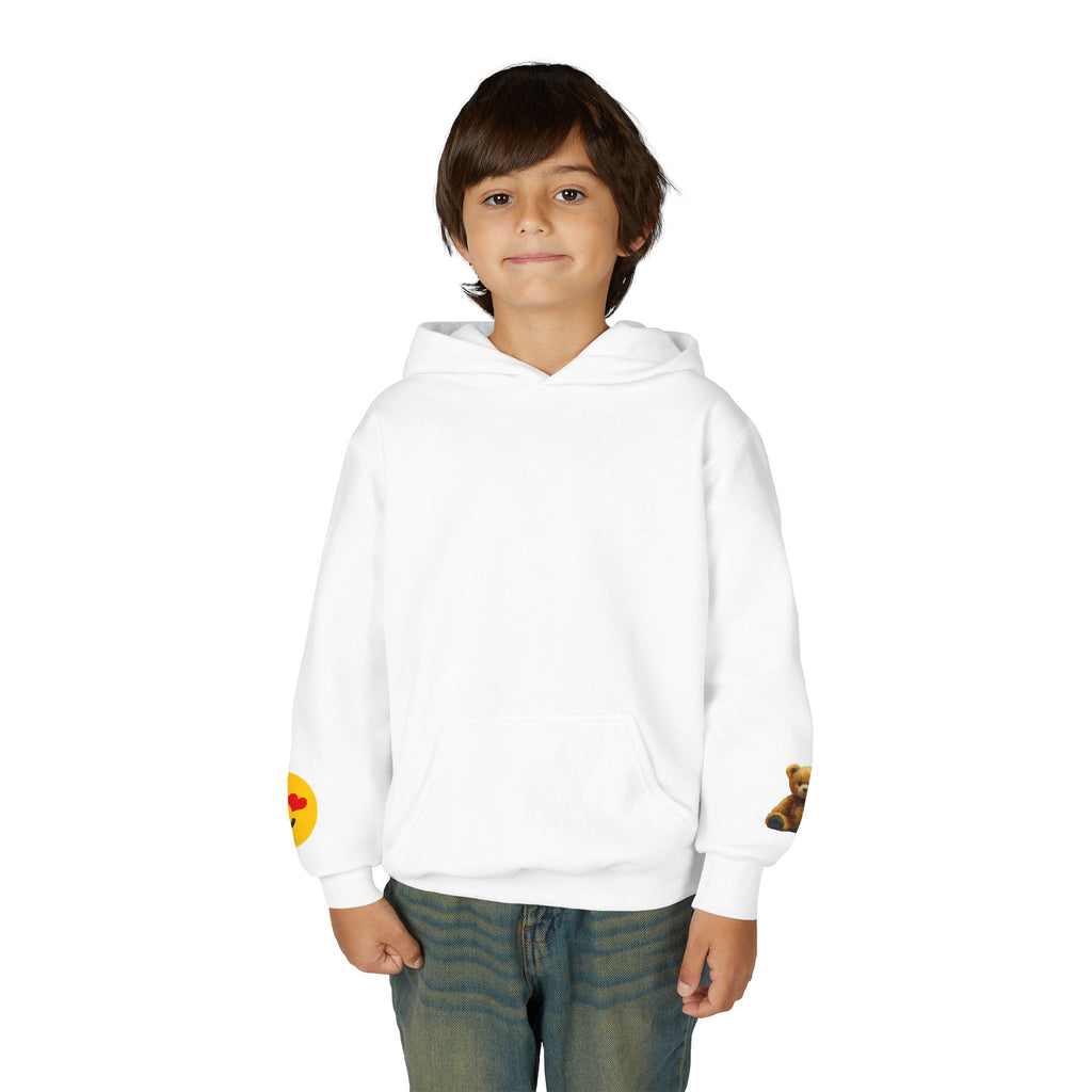 Youth Hoodie with Teddy Bear & Heart-Eyes Emoji Sleeve Accents