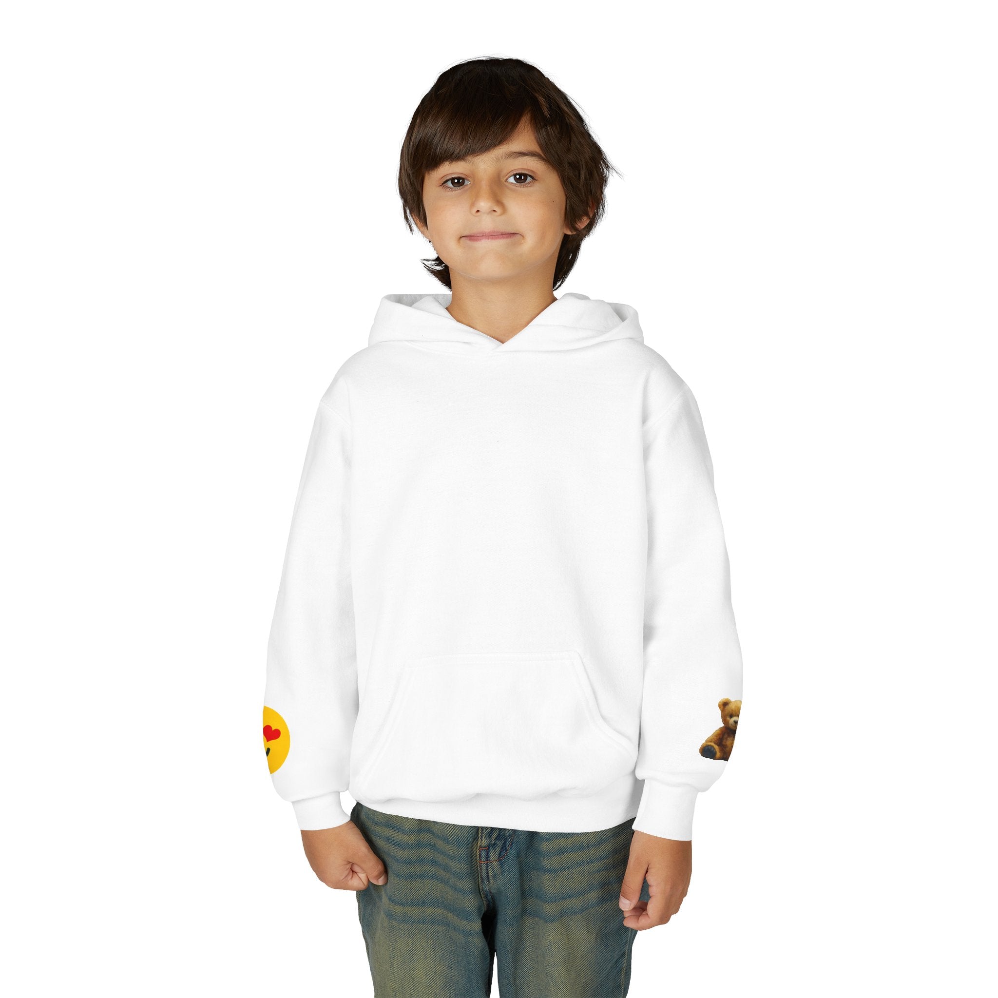 Youth Hoodie with Teddy Bear & Heart-Eyes Emoji Sleeve Accents
