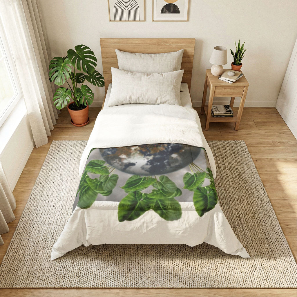 Earth From Space Leaves Blue Butterfly & Earth Facts Cotton Comforter