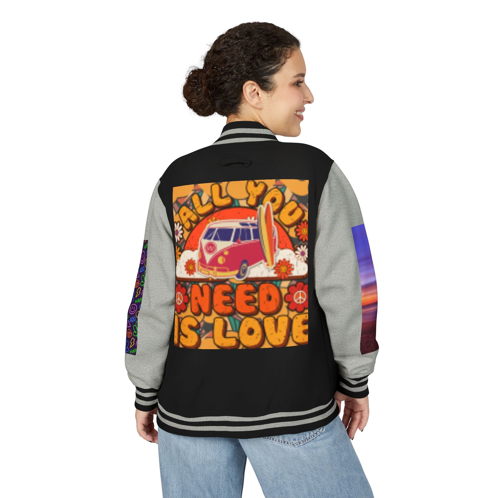 Letterman Jacket — Retro 'All You Need Is Love' Hippie Van & Cannabis Leaf Design