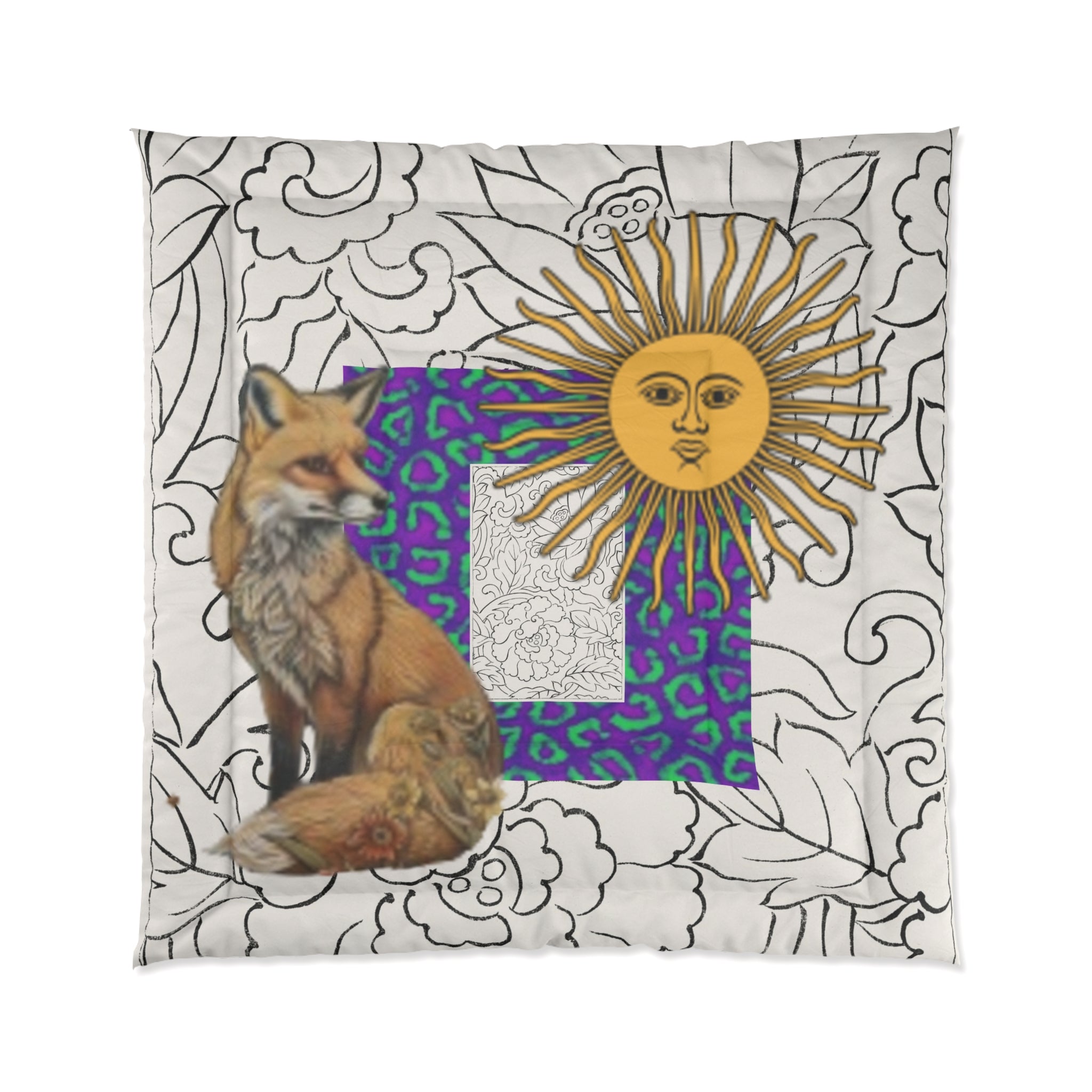 Red Fox Sun with Face Vibrant Purple & Teal Leopard Comforter -  Bedding