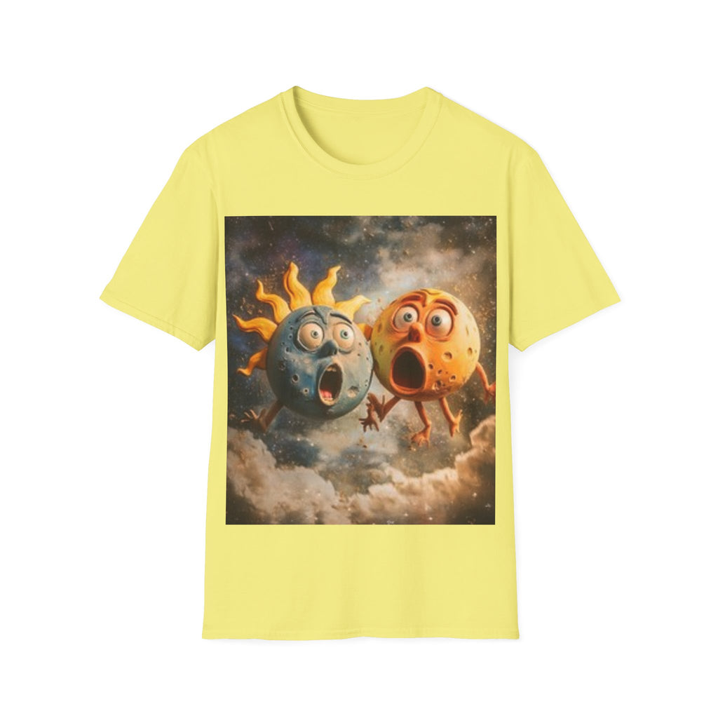 Surprised Sun & Moon T‑Shirt — Cute Cosmic Cartoon Solar Duo Tee