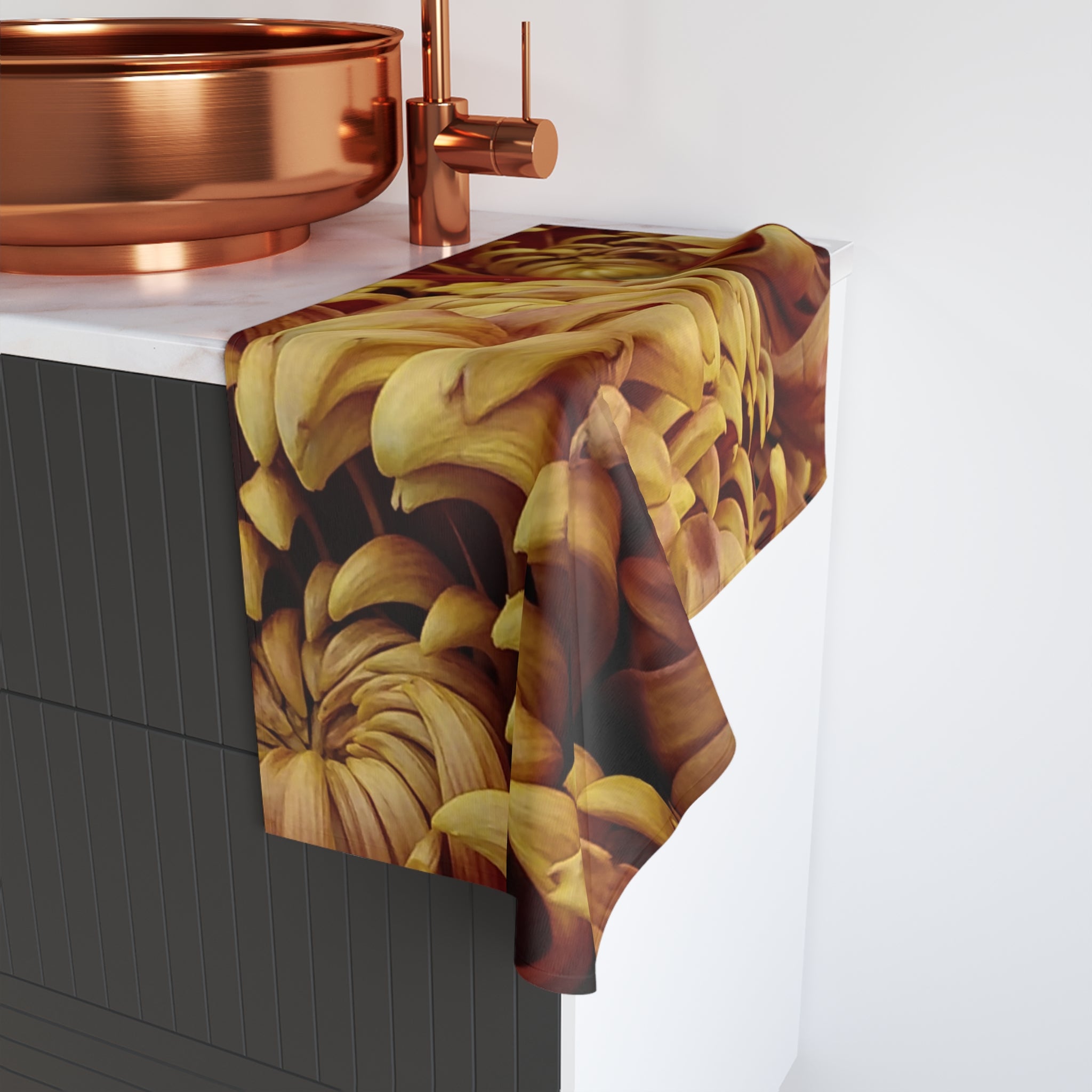 Autumn Chrysanthemum Hand Towel — Golden Floral Kitchen & Bath Accent