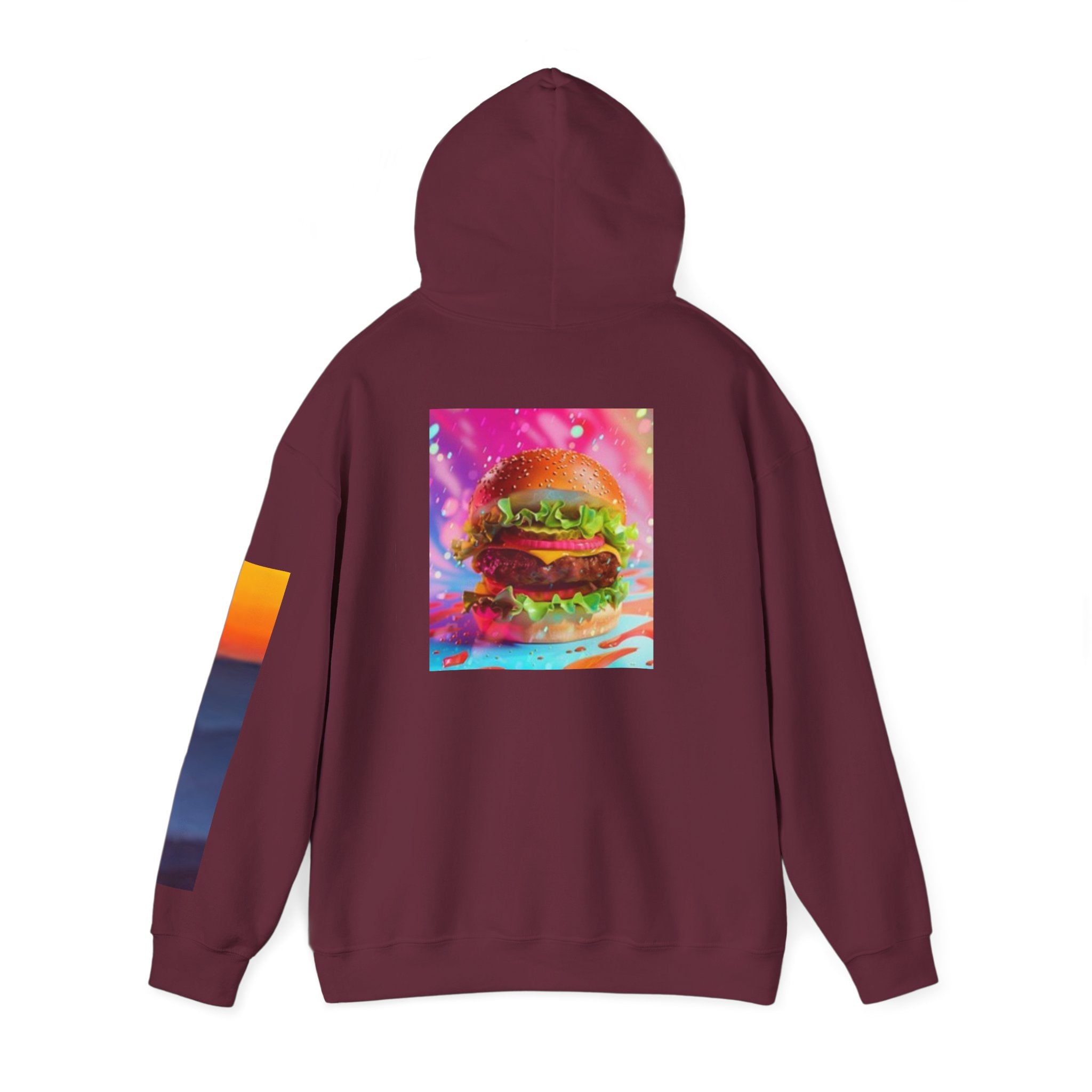 Cosmic Burger Hoodie — Retro Neon Cheeseburger Graphic Pullover