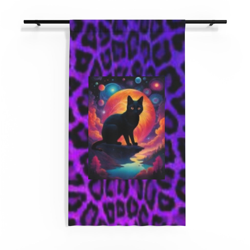 Sheer Curtain — Black Cat Moonlight Design on Purple Leopard Print