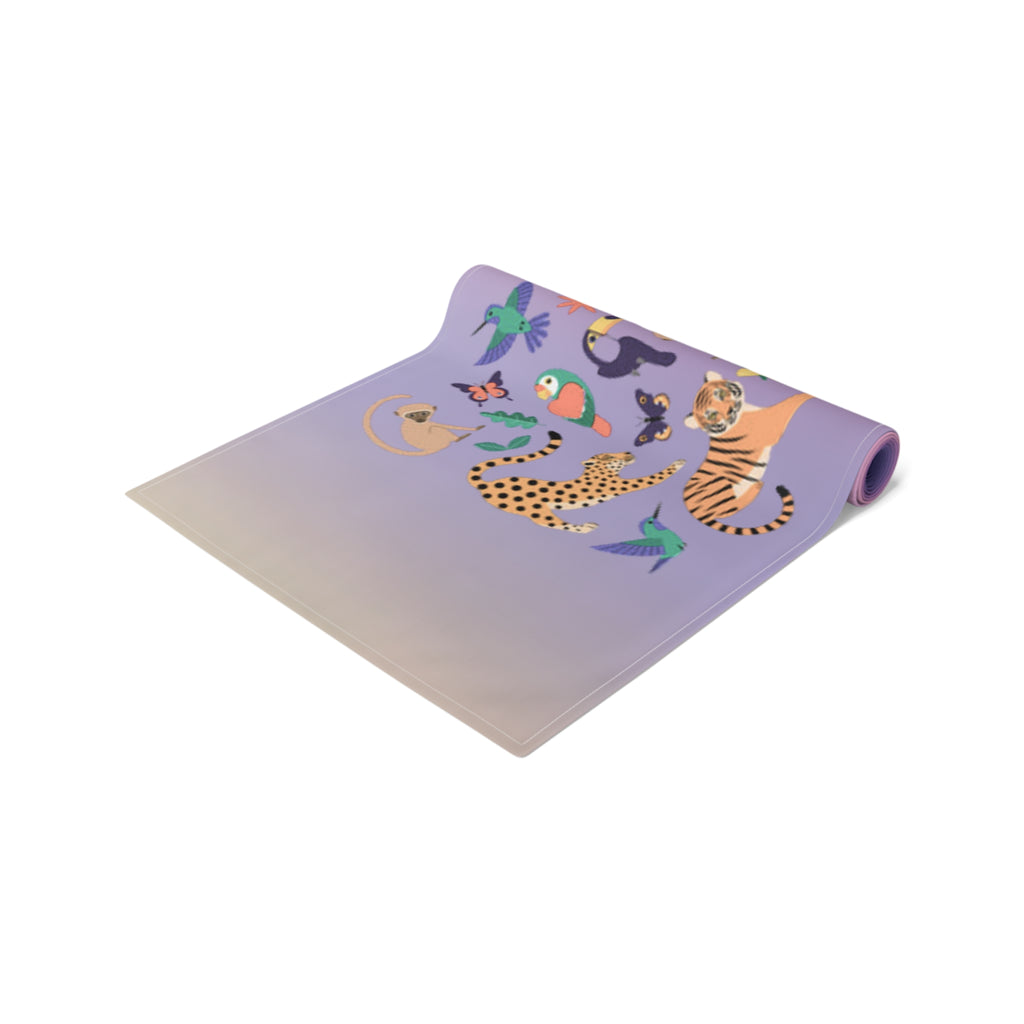 Tropical Jungle Table Runner — Gradient Purple with Tigers & Parrots