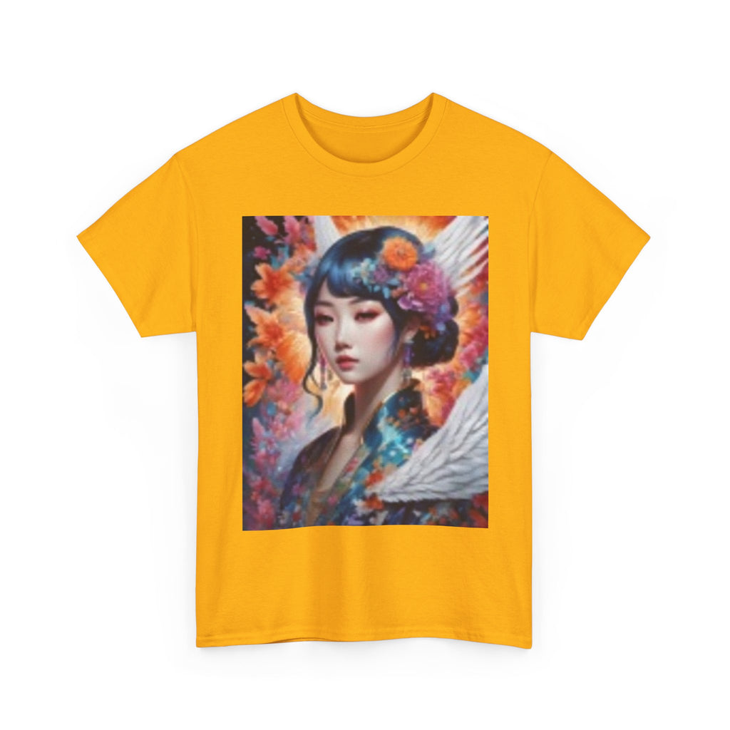 Artistic Geisha Portrait T-Shirt — Floral Angel Wing Graphic Tee