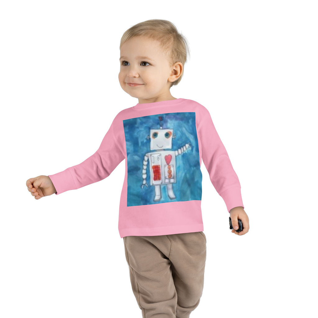 Toddler Long Sleeve Tee — Playful Robot & Colorful Sunrise Graphic Shirt