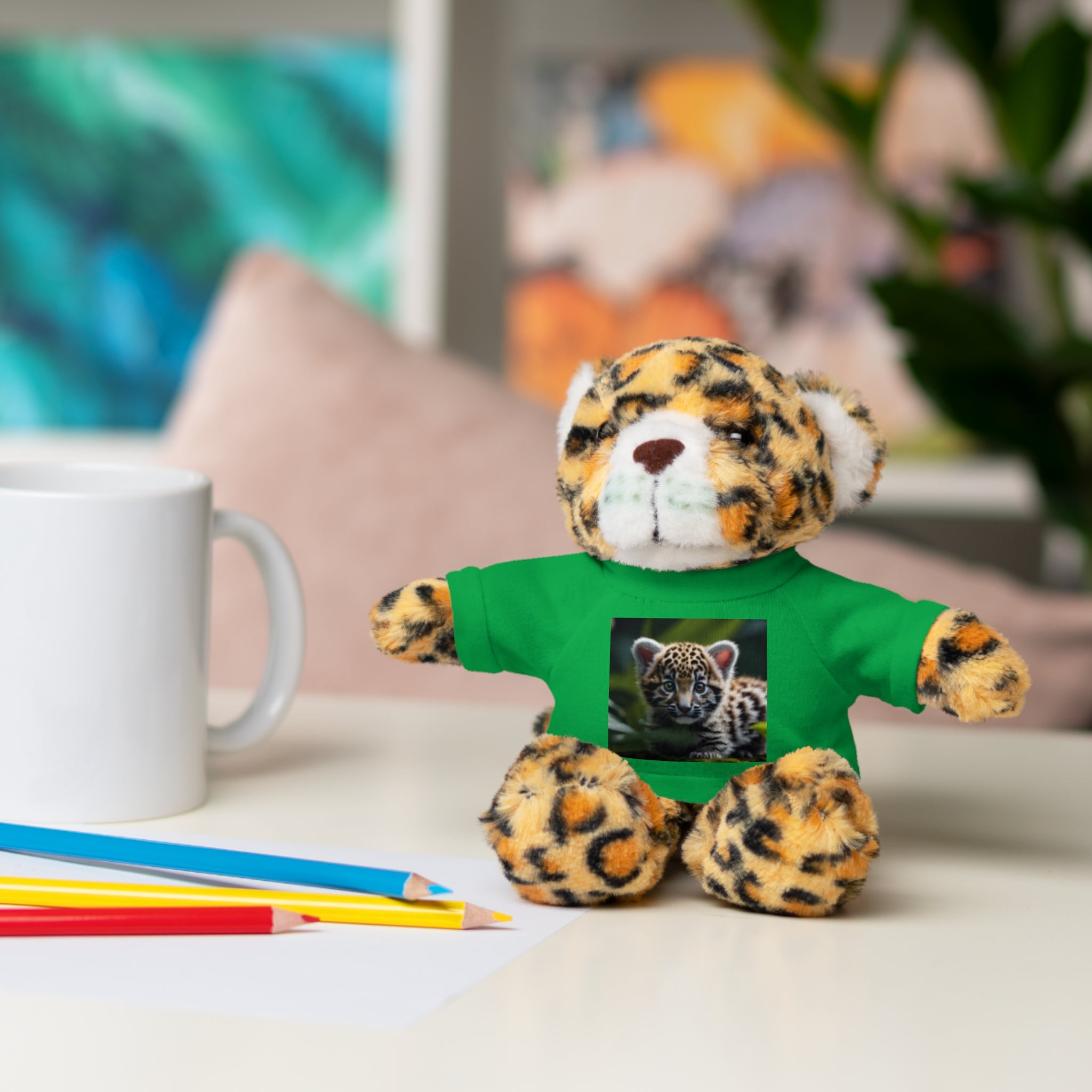 Plush Teddy Bear with Leopard Cub Tee — Cute Animal Gift for Kids & Wildlife Lovers