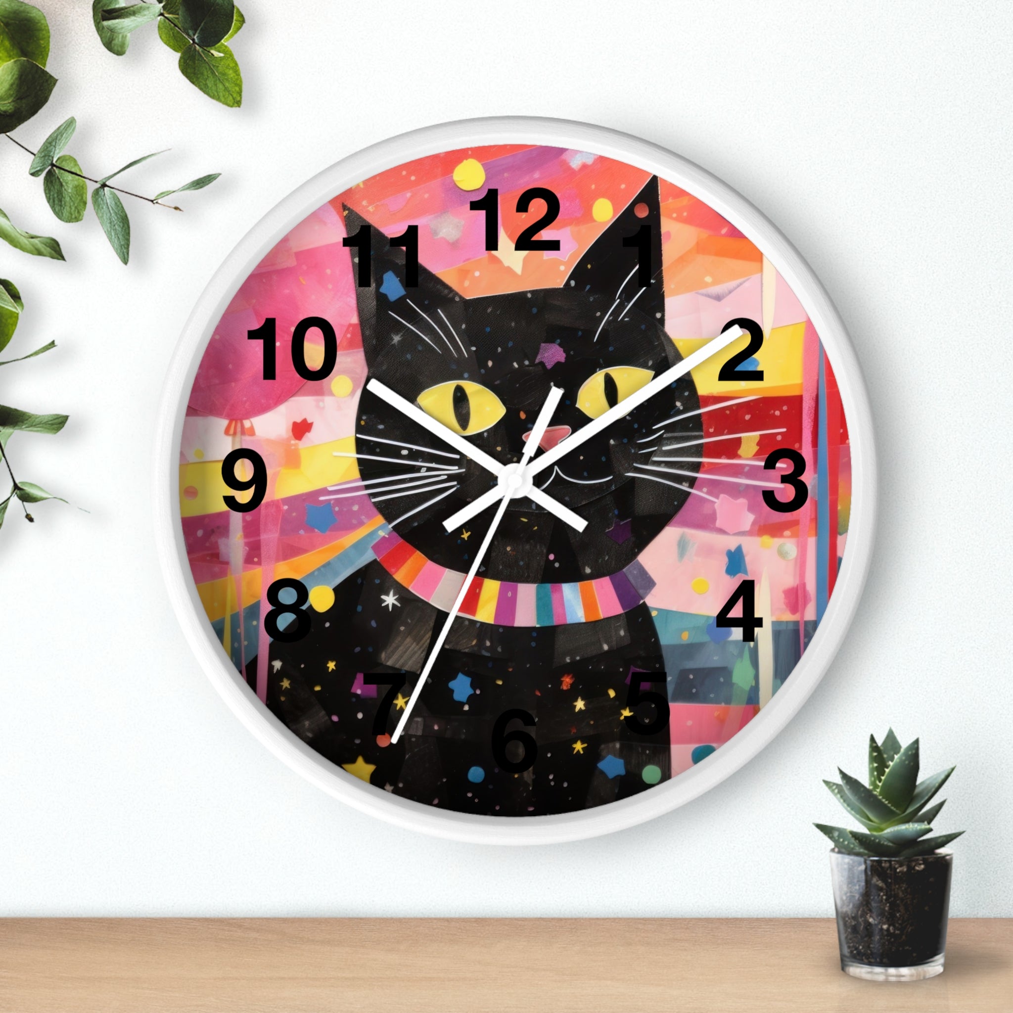 Black Cat Wall Clock — Colorful Retro Cat Clock with Yellow Eyes