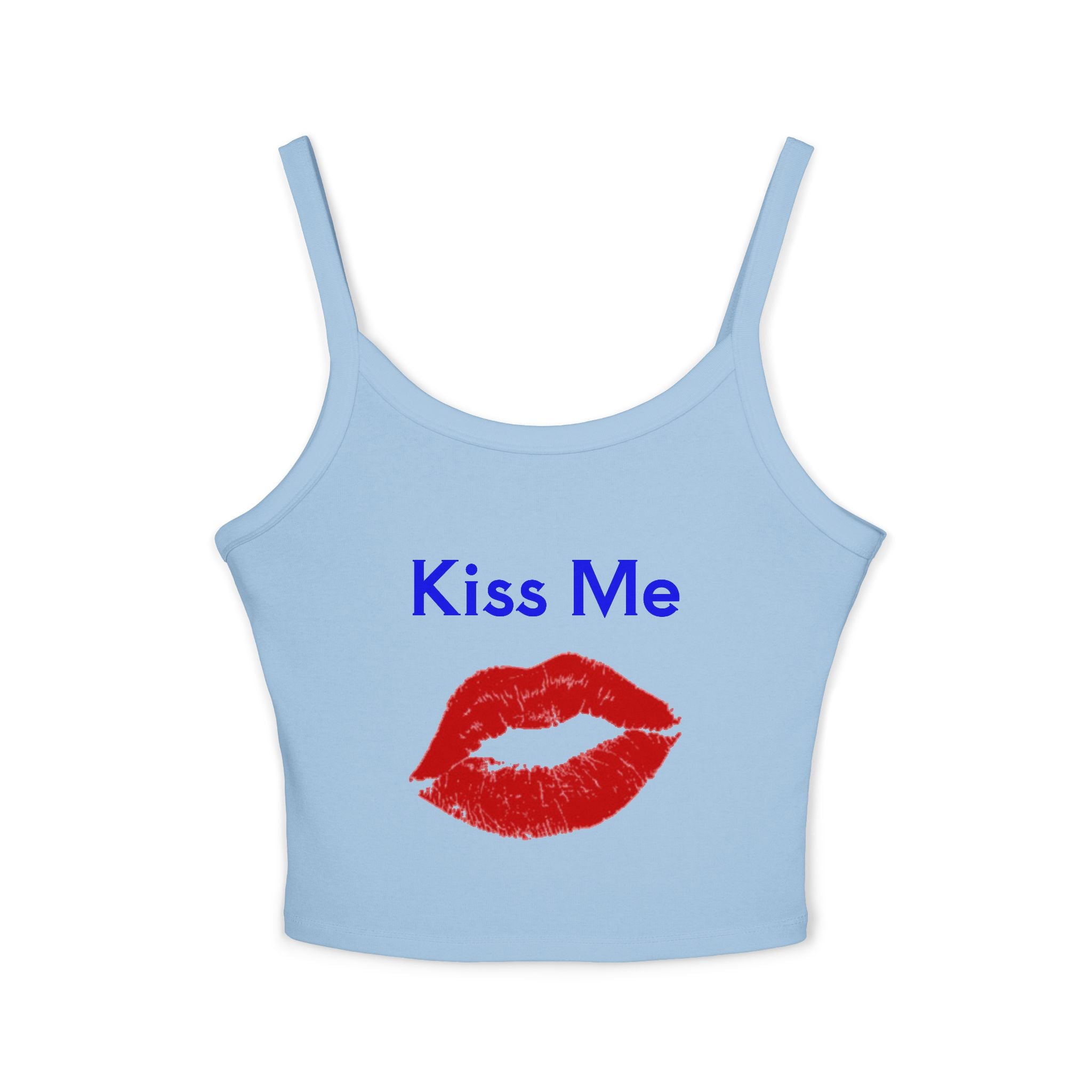 Light blue tank top with 'Kiss Me' text and red lipstick print on a white background