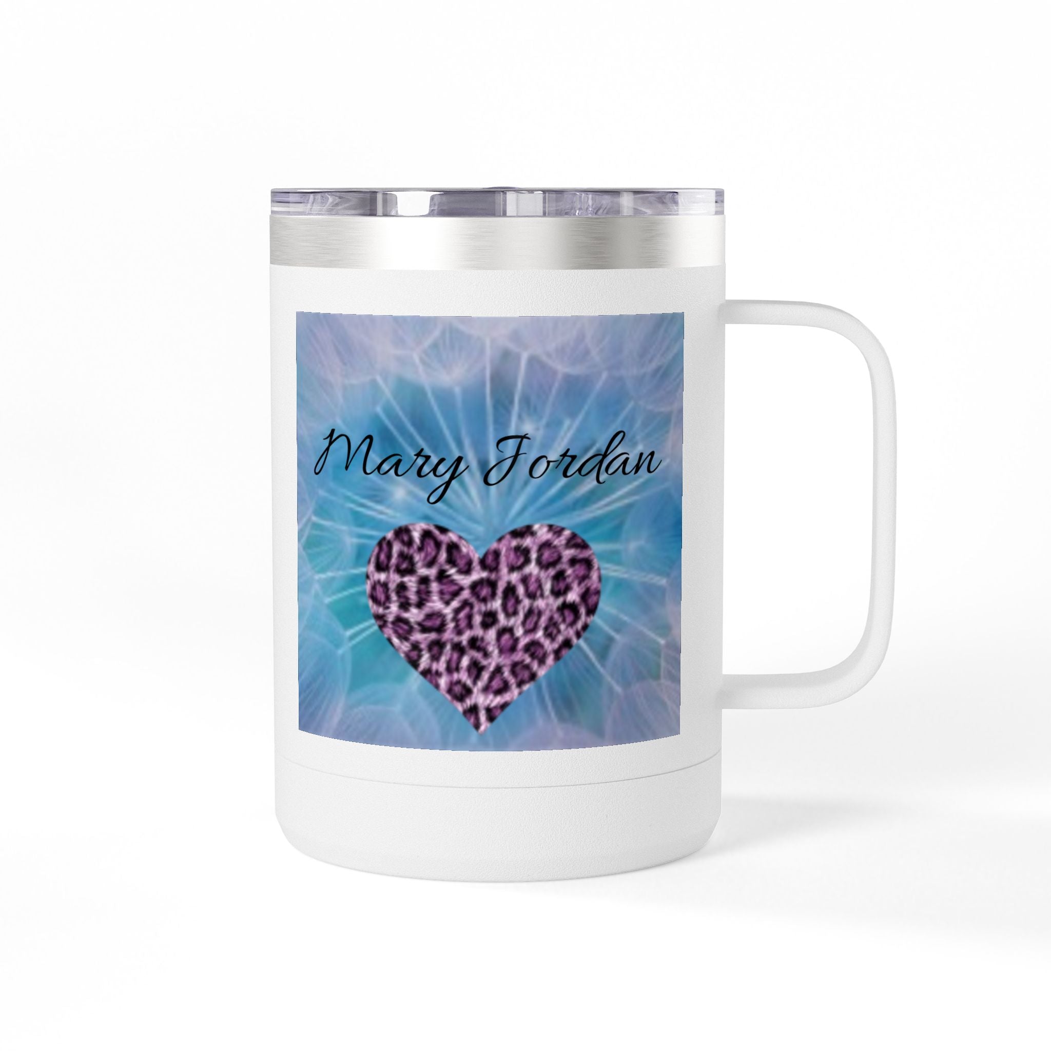 Mary Jordan Custom 15oz Travel Mug Tumbler — Personalized 'Enter text' Blue Floral Design & Heart