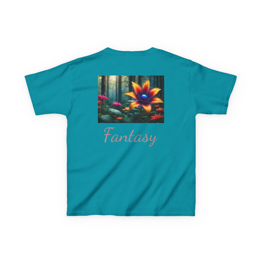 Kids Penguin & Fantasy Flower Fantasy T-shirt— Playful Animal & Colorful Floral Kids Shirt