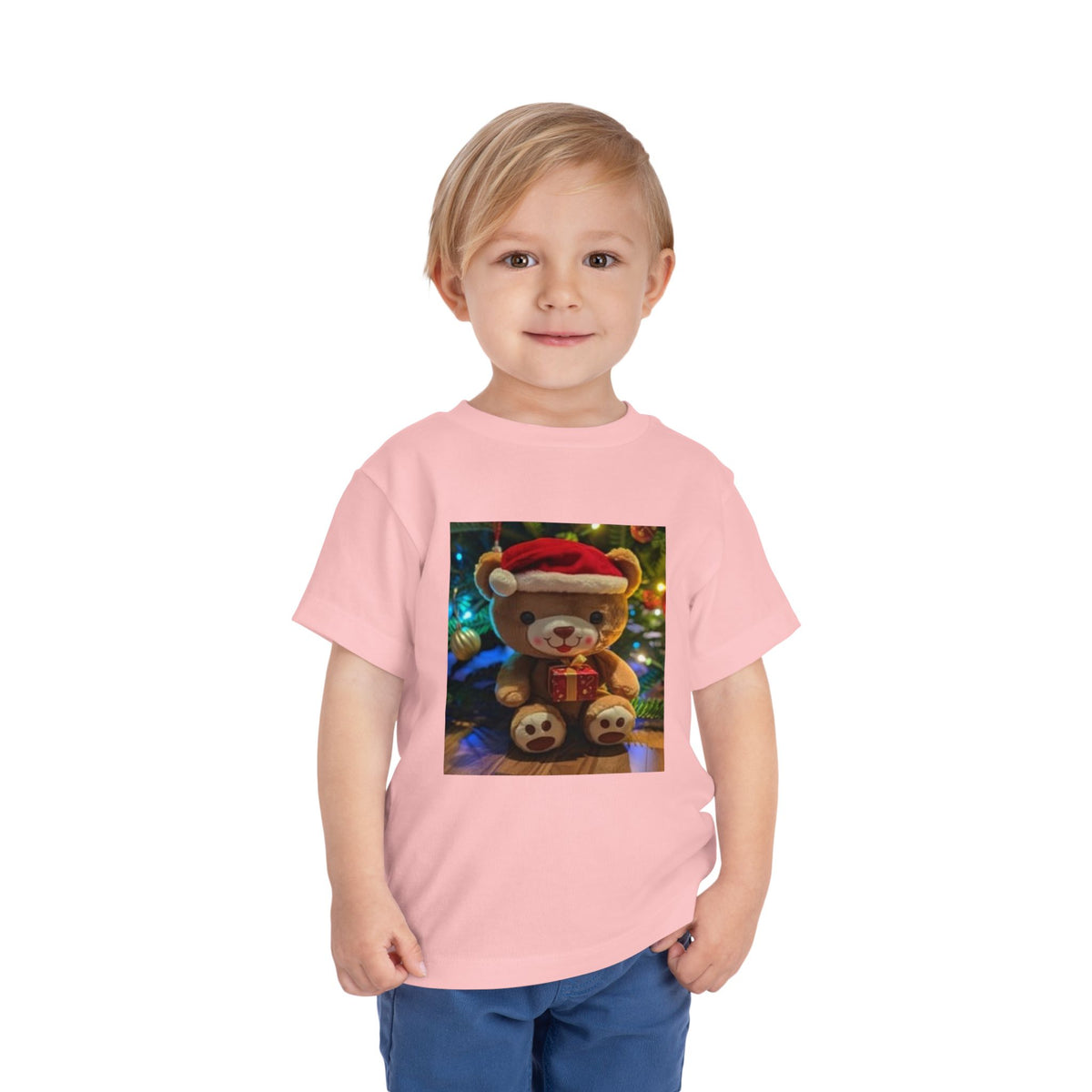 Toddler Tee — Christmas Teddy Bear with Santa Hat Holiday Shirt