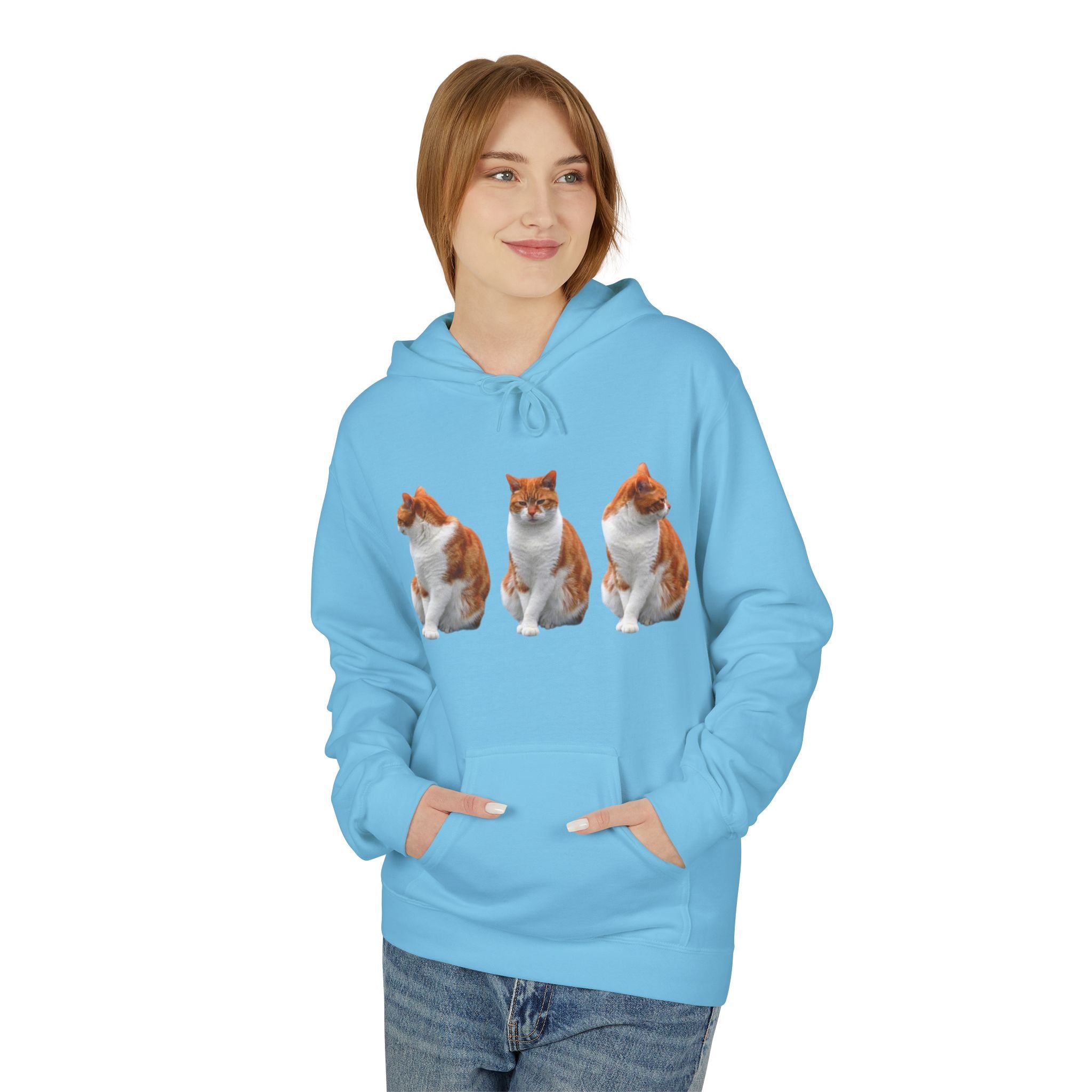 Women's Cute Cat Trio Hoodie – Whimsical Orange & Black Cat Graphic Pullover
