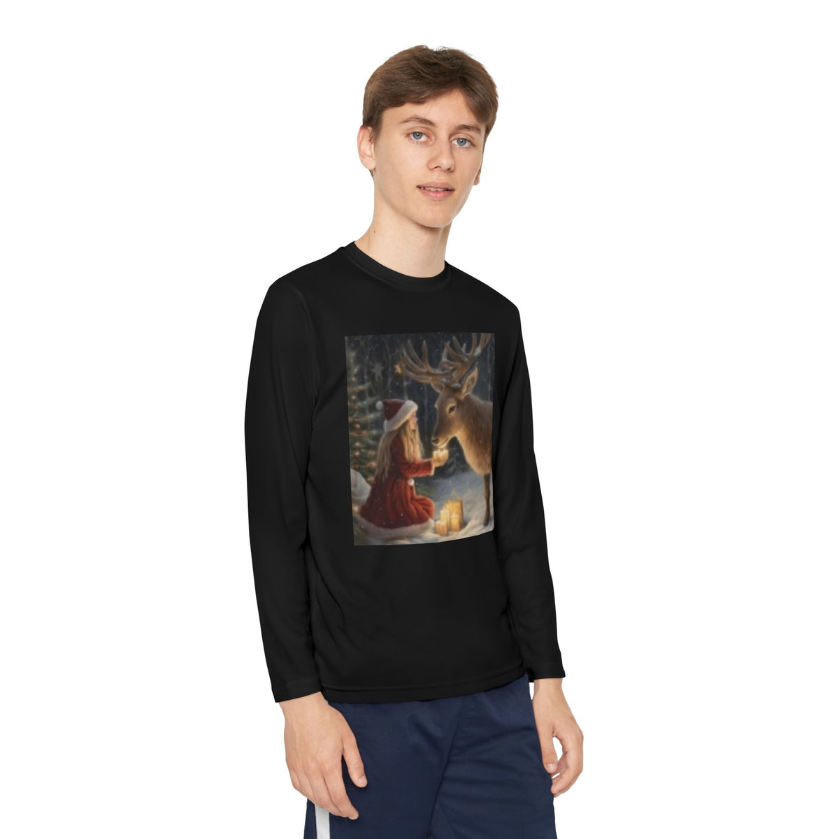 Youth Long Sleeve Tee — Girl Feeding Deer Christmas Night Scene