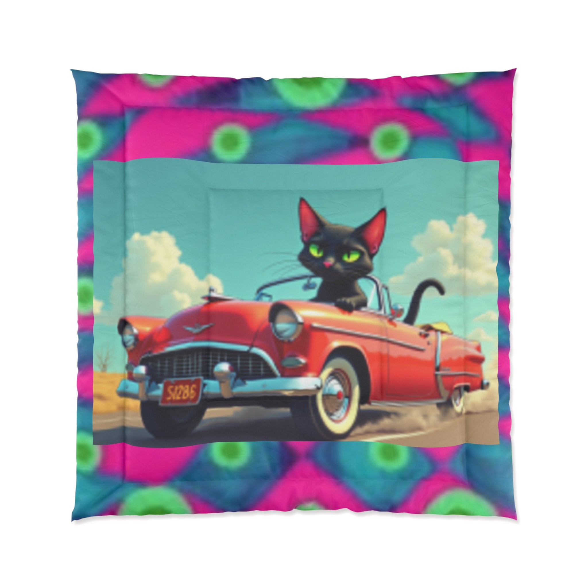 Retro Cat Driving Comforter - Vintage Convertible Black Cat Bedding