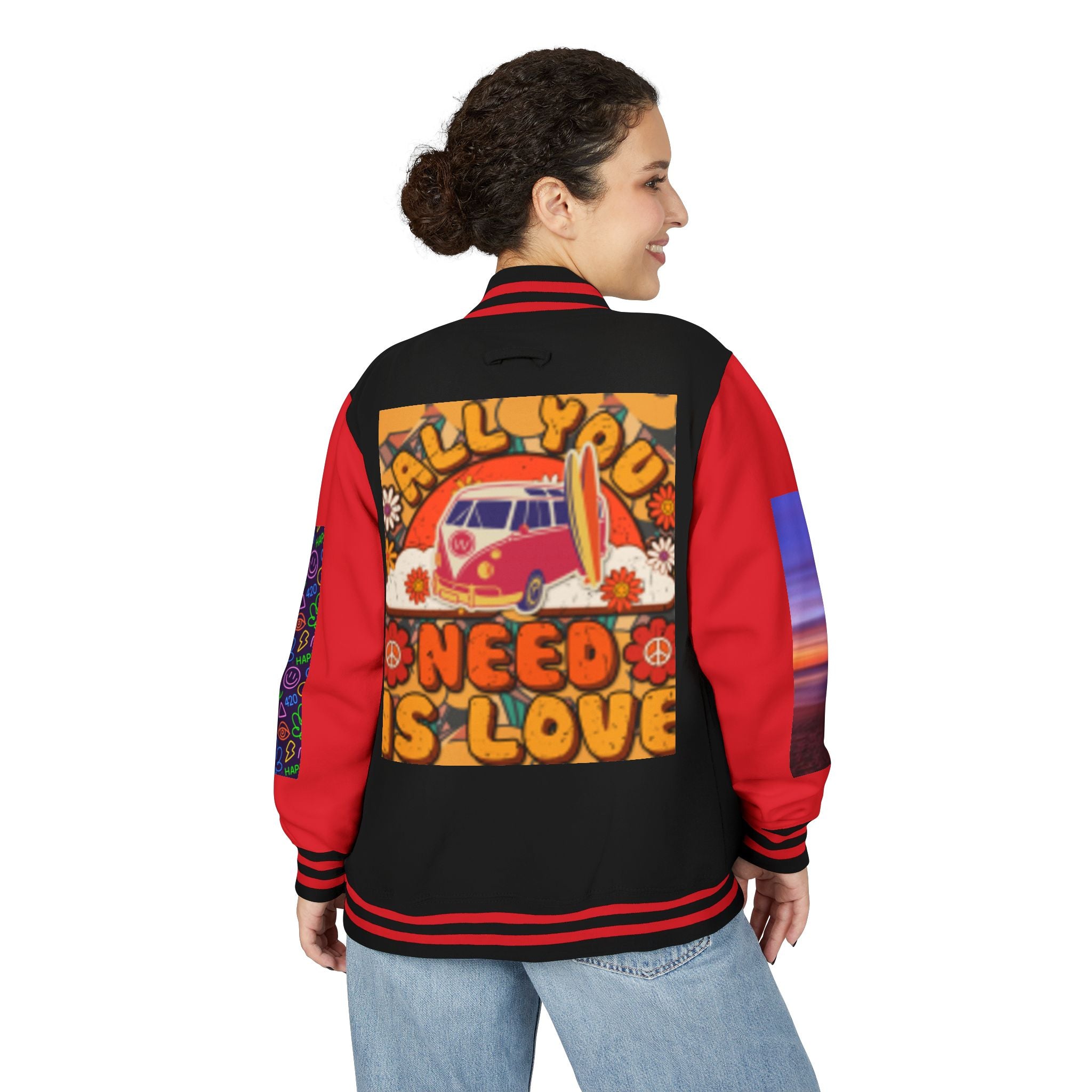 Letterman Jacket — Retro 'All You Need Is Love' Hippie Van & Cannabis Leaf Design
