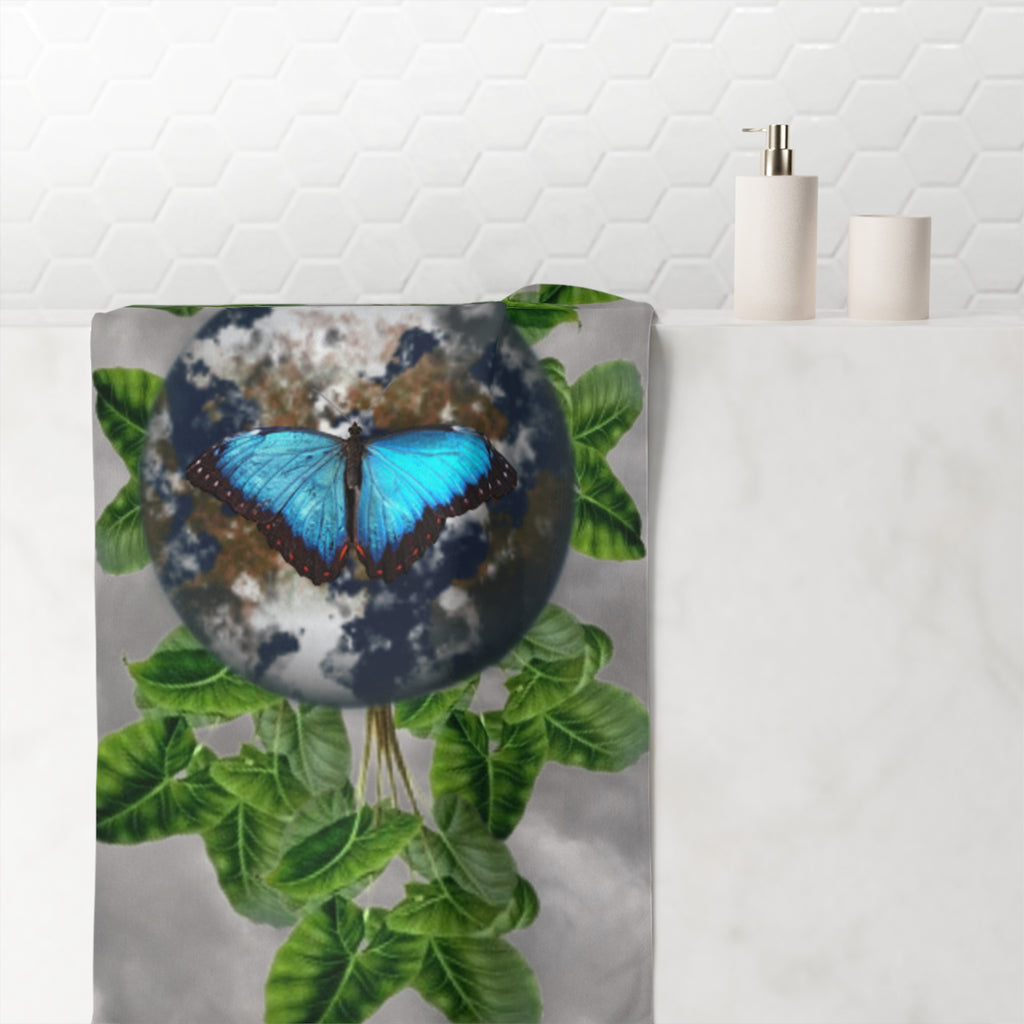 Butterfly Earth Beach Towel & Facts — Blue Morph with Tropical Leaves