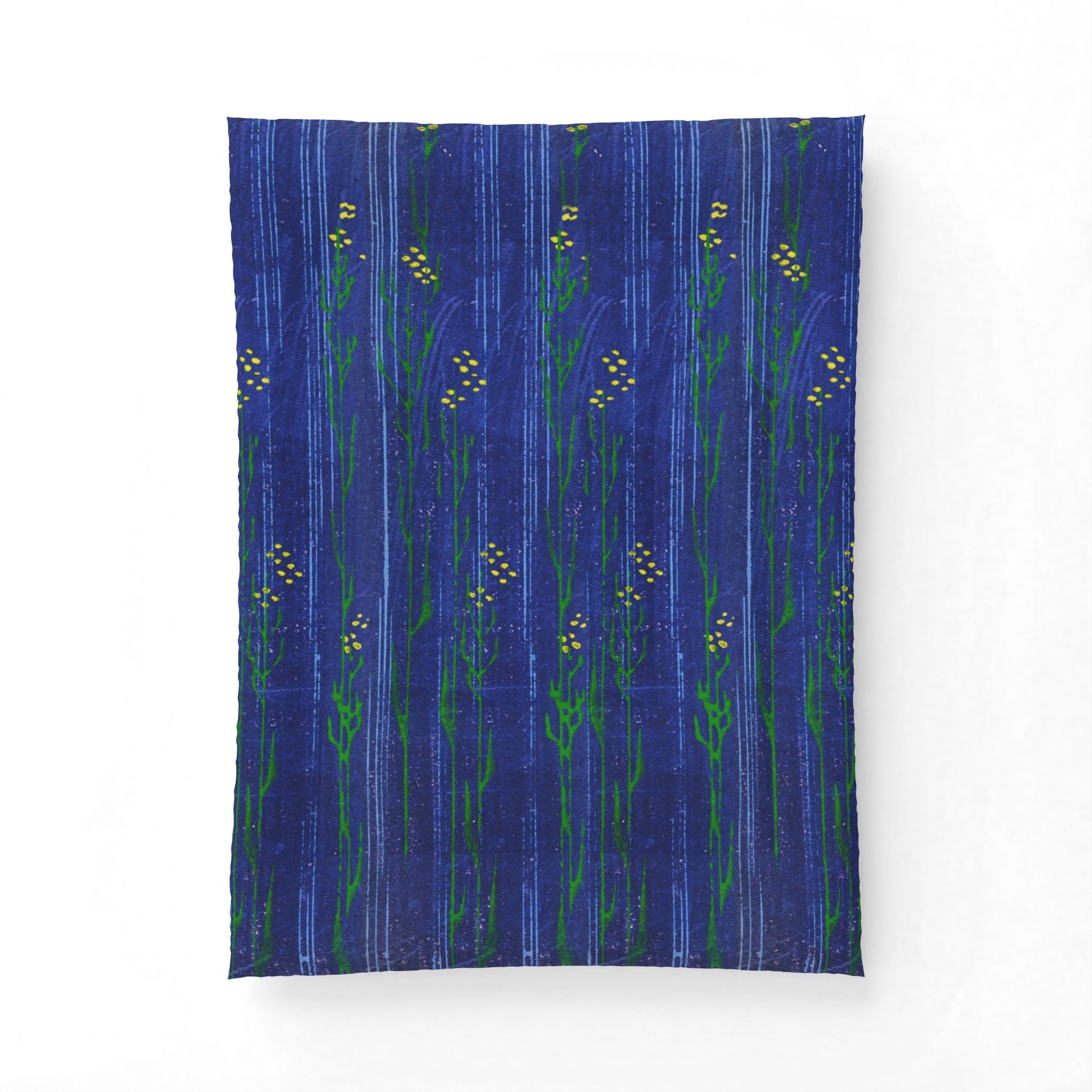 Blue Floral Cotton Comforter — Hand-Painted Meadow Stripe Bedding