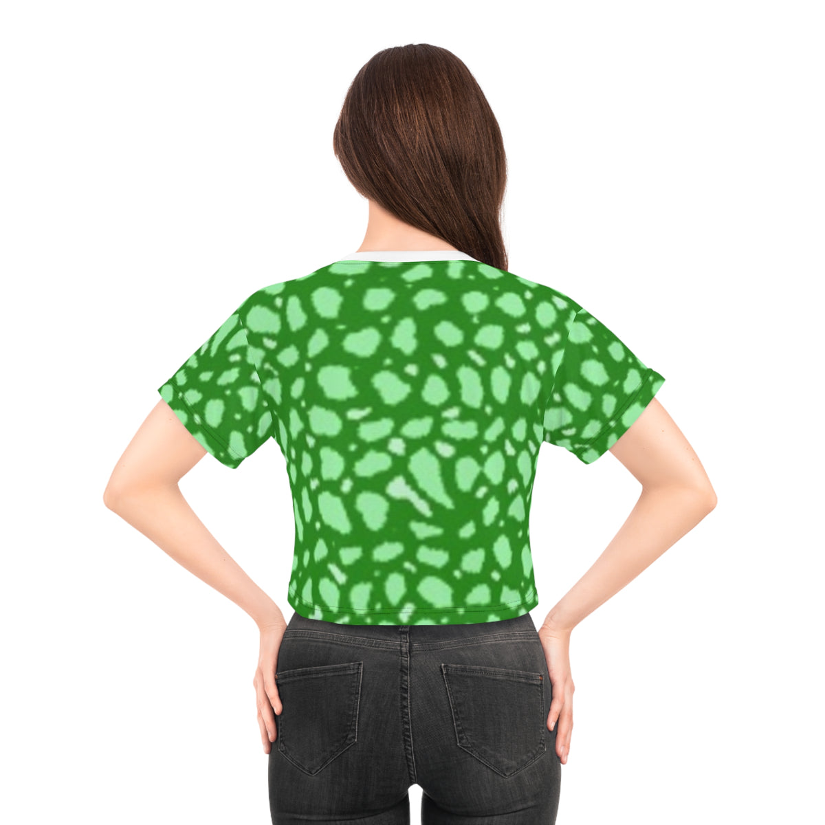 Green Abstract Spot Crop Tee — All-Over Print Vibrant Pattern