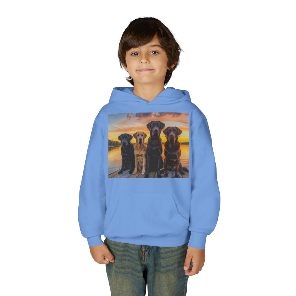 Youth Hoodie — Three Labrador Dogs at Sunset Photo Print
