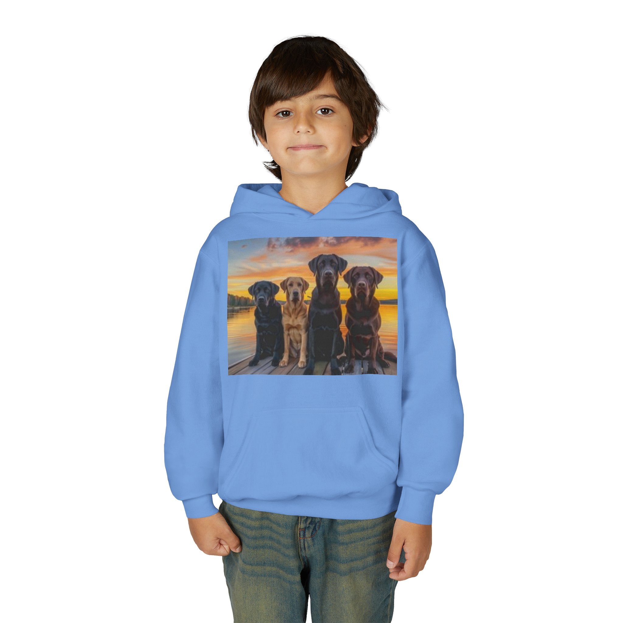 Youth Hoodie — Three Labrador Dogs at Sunset Photo Print