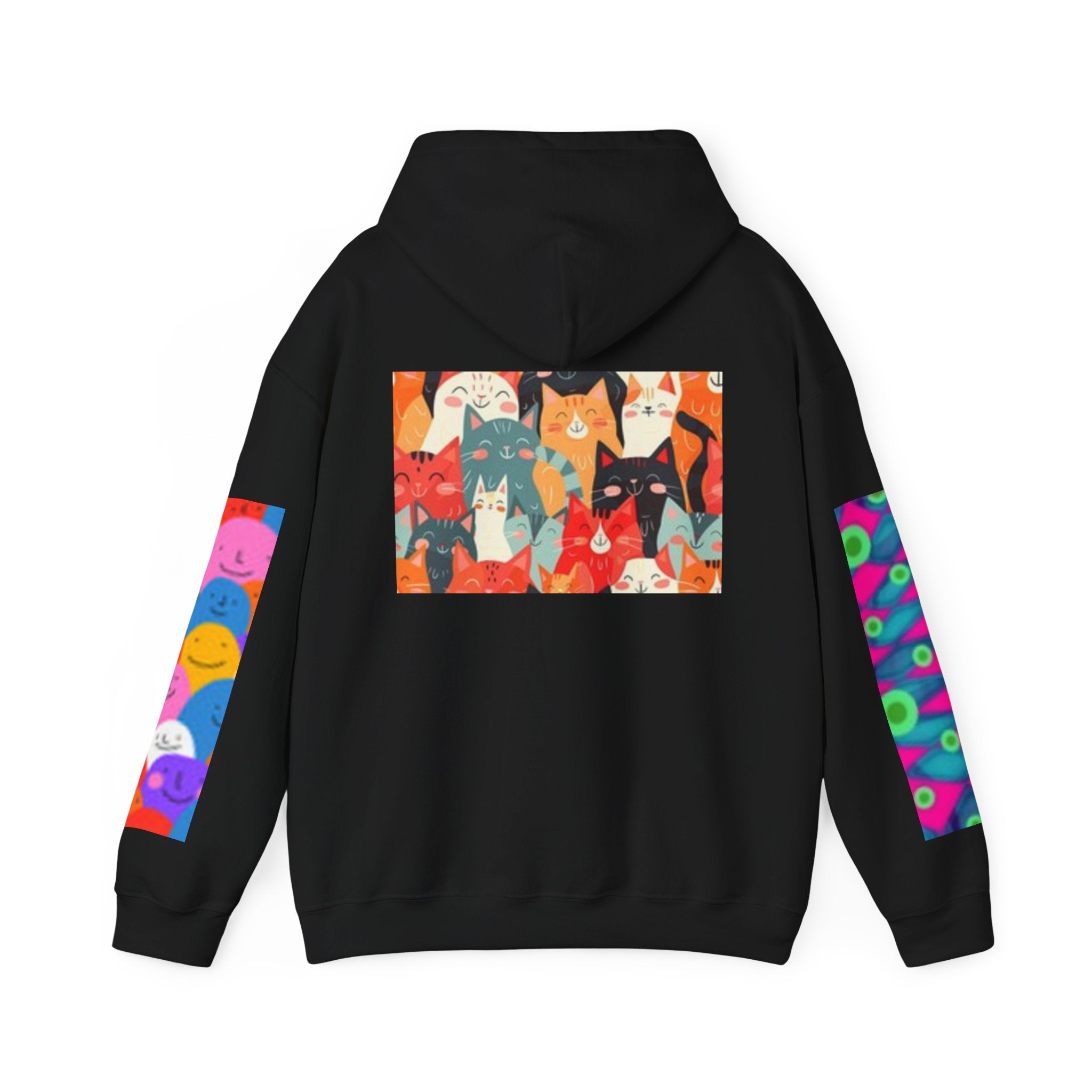 Cat Graphic Hoodie - Retro Sunglasses Cat Front & Colorful Cat Pattern Back Sweatshirt