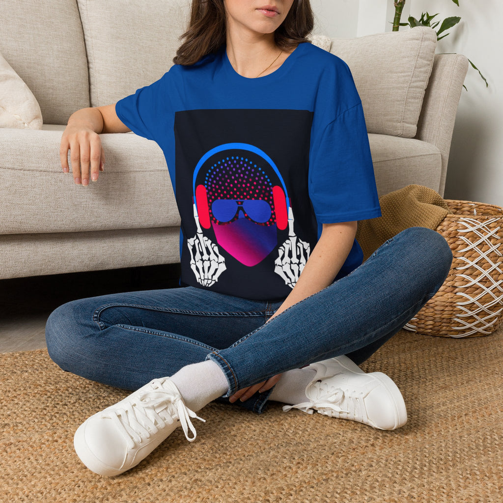 Unisex Softstyle T-Shirt Man wearing earphones skeleton shooting the bird