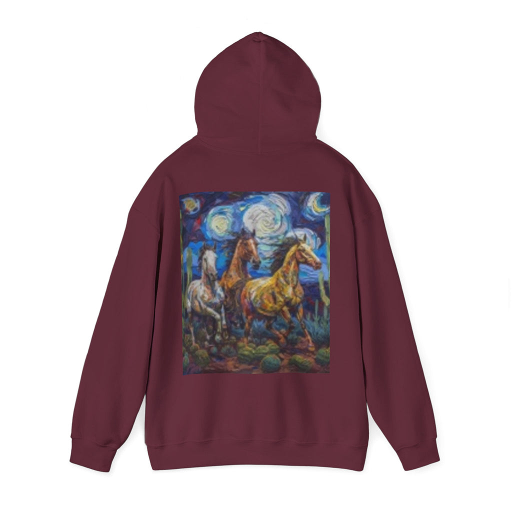 Sunface & Galloping Horses Hoodie — Boho Celestial Horse Art Sweatshirt
