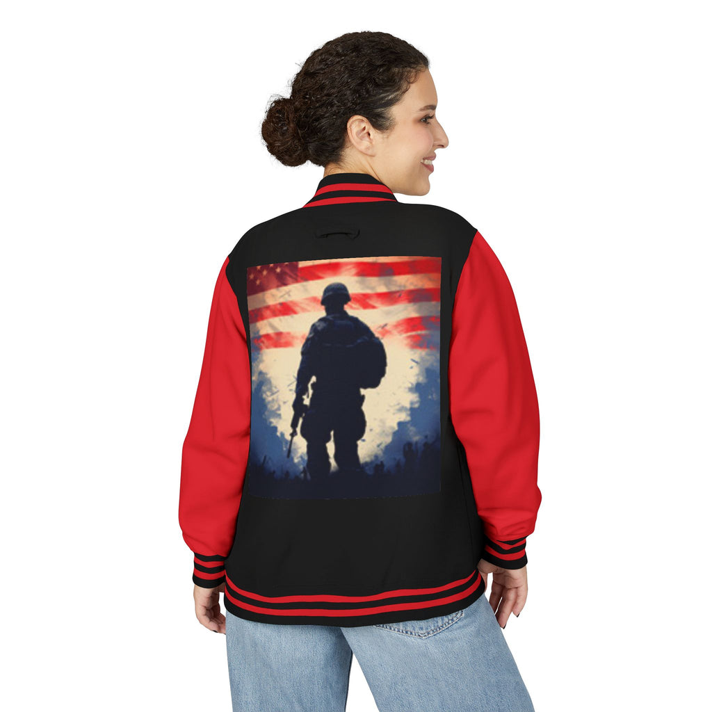 Veteran Tribute Letterman Jacket - American Flag Soldier Graphic