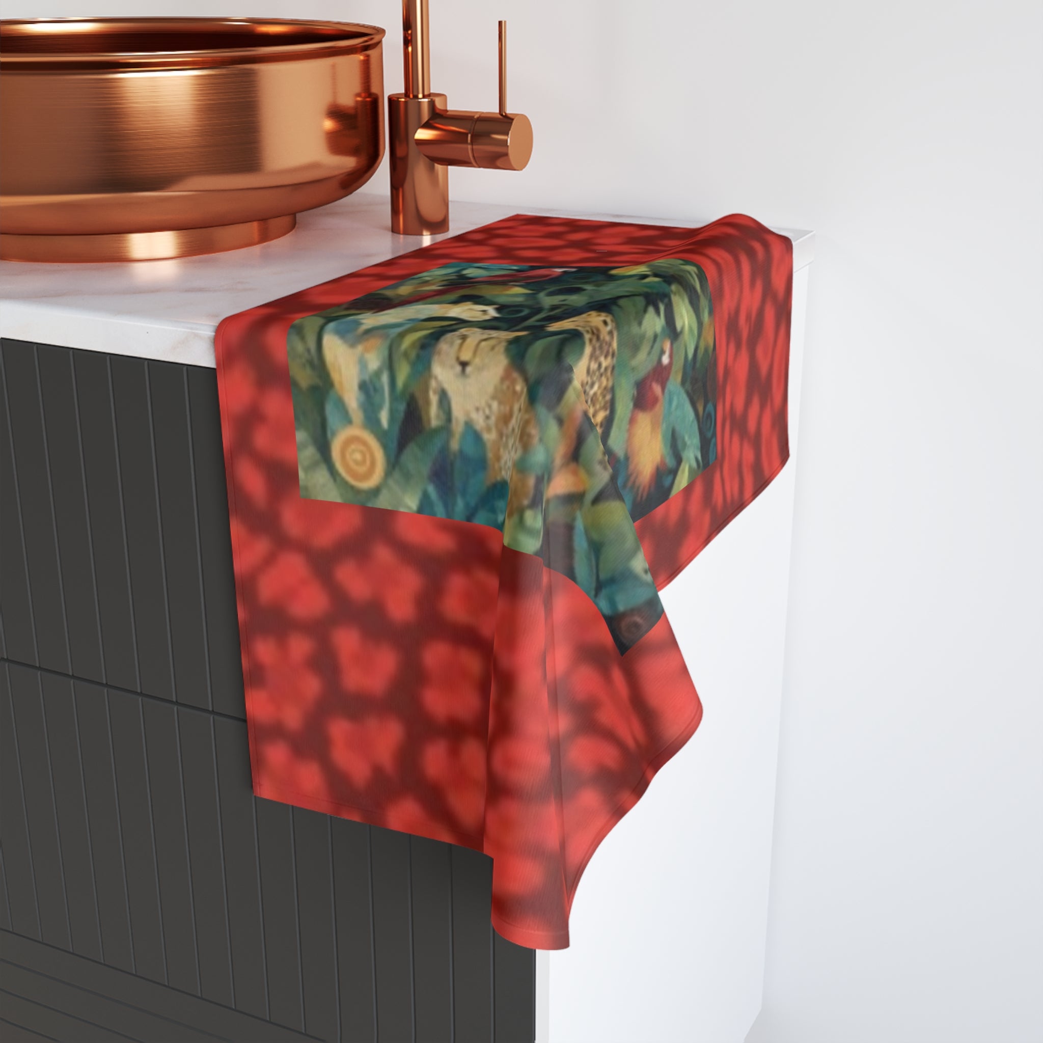 Tropical Jungle Hand Towel — Leopard & Parrot Botanical Print