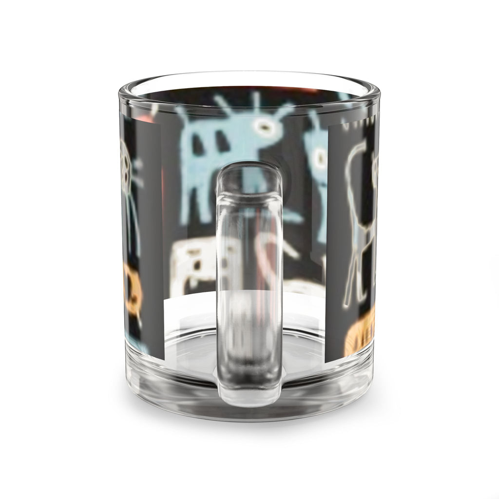 10oz Glass Mug — Whimsical Cat Doodle Pattern, Cute Colorful Kitty Coffee Cup