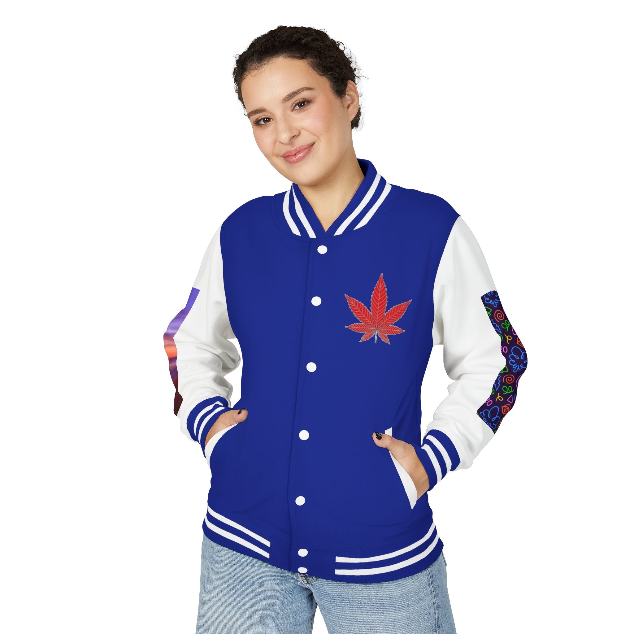Letterman Jacket — Retro 'All You Need Is Love' Hippie Van & Cannabis Leaf Design