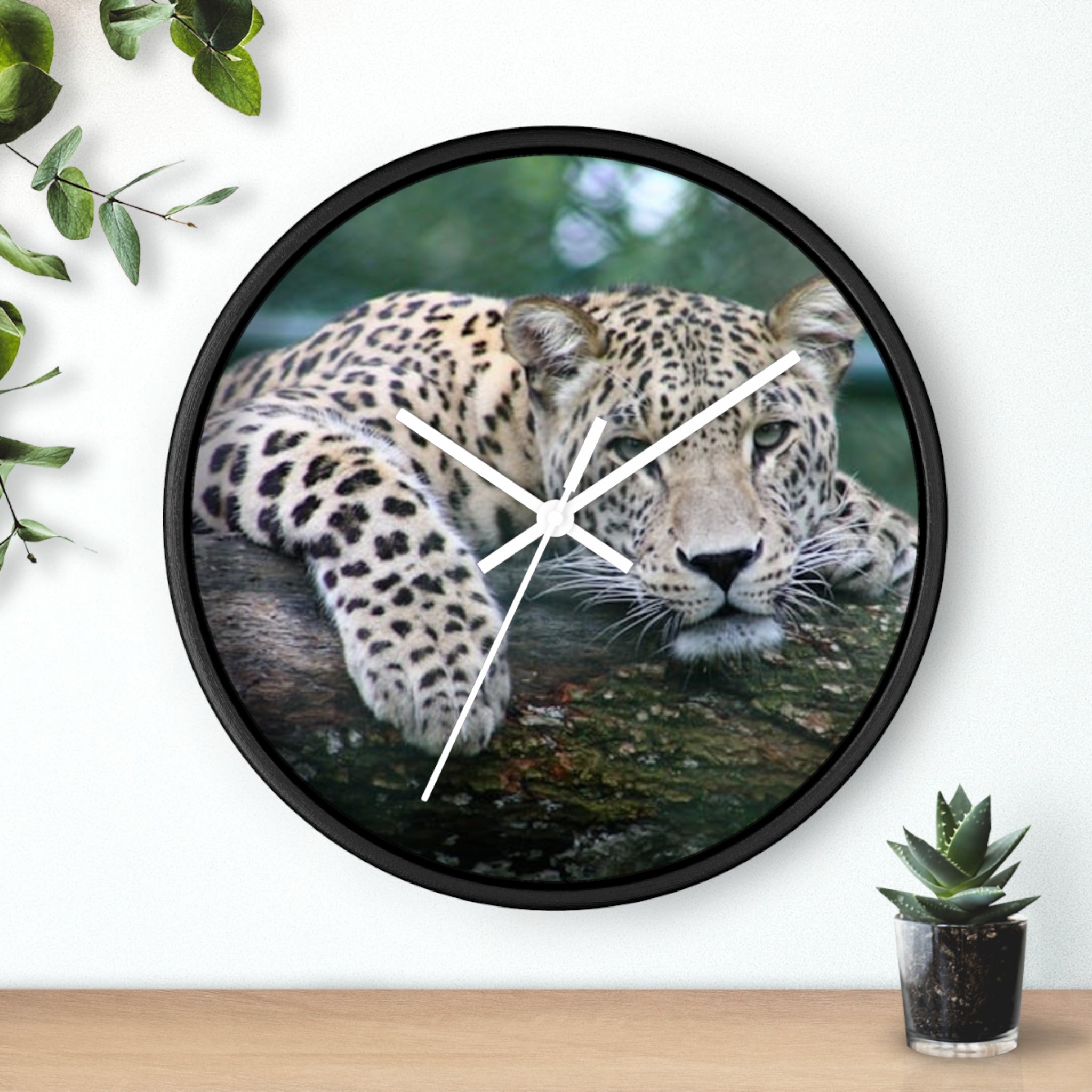 Leopard Wall Clock — Relaxed Wild Cat Photo Clock for Safari-Lodge Decor