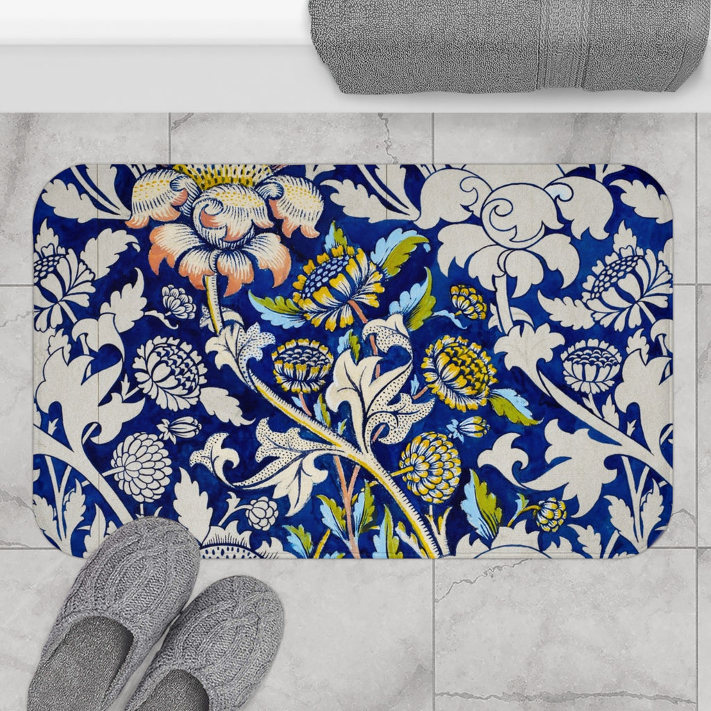Blue Floral William Morris–Style Bath Mat — Vintage Botanical Bathroom Rug