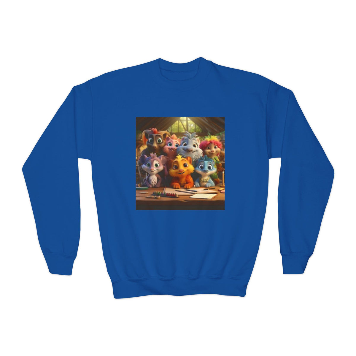 Youth Crewneck Sweatshirt — Colorful Cartoon Kittens Group Graphic