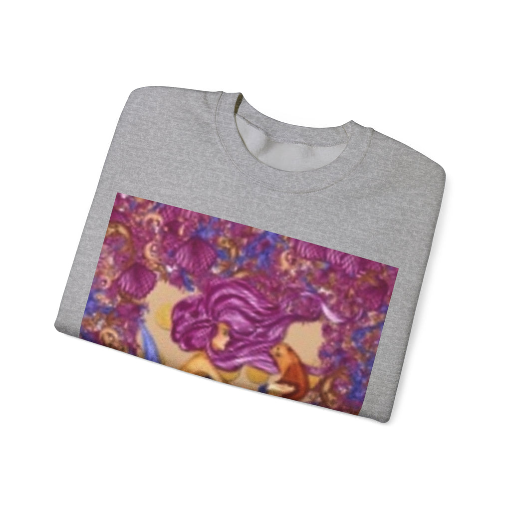 Mermaid & Fox Art Crewneck Sweatshirt — Whimsical Purple Mermaid Illustration