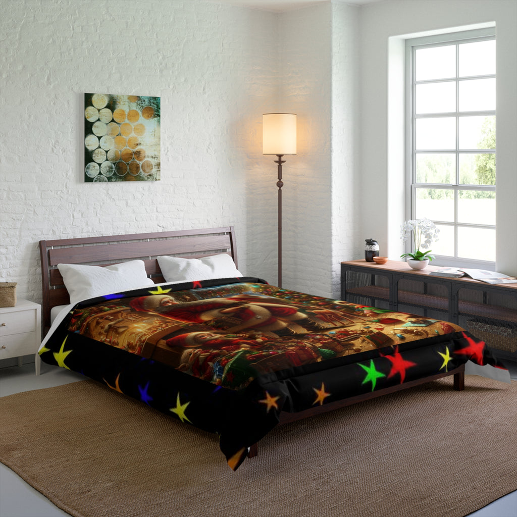 Christmas Santa's Workshop  Comforter - Festive Holiday Bedroom Quilt Cover