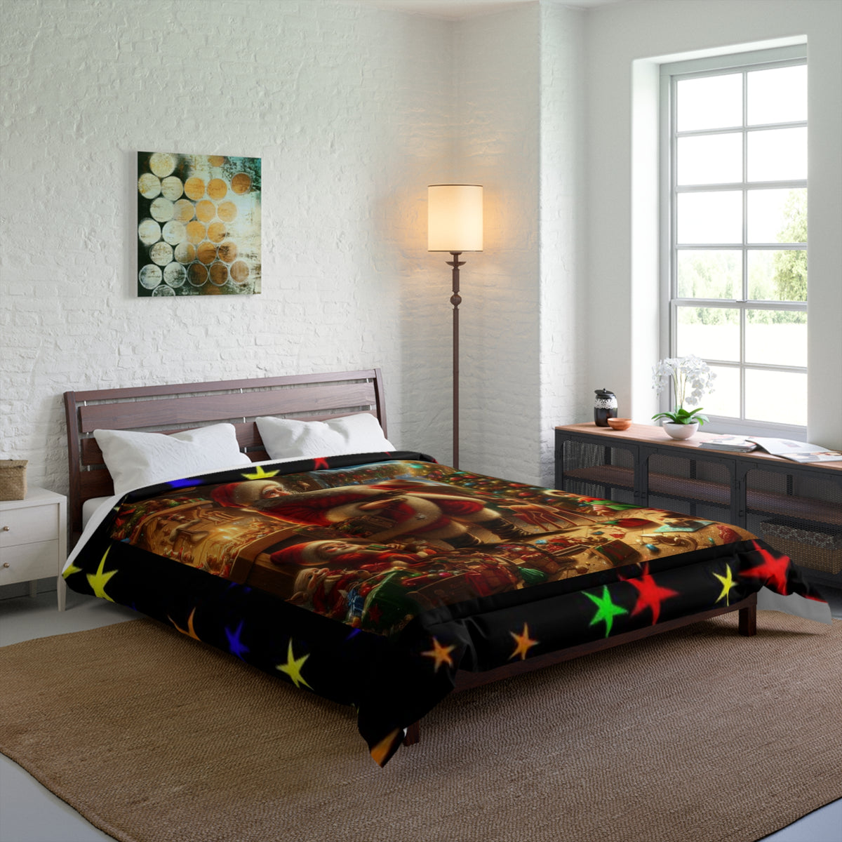 Christmas Santa's Workshop  Comforter - Festive Holiday Bedroom Quilt Cover