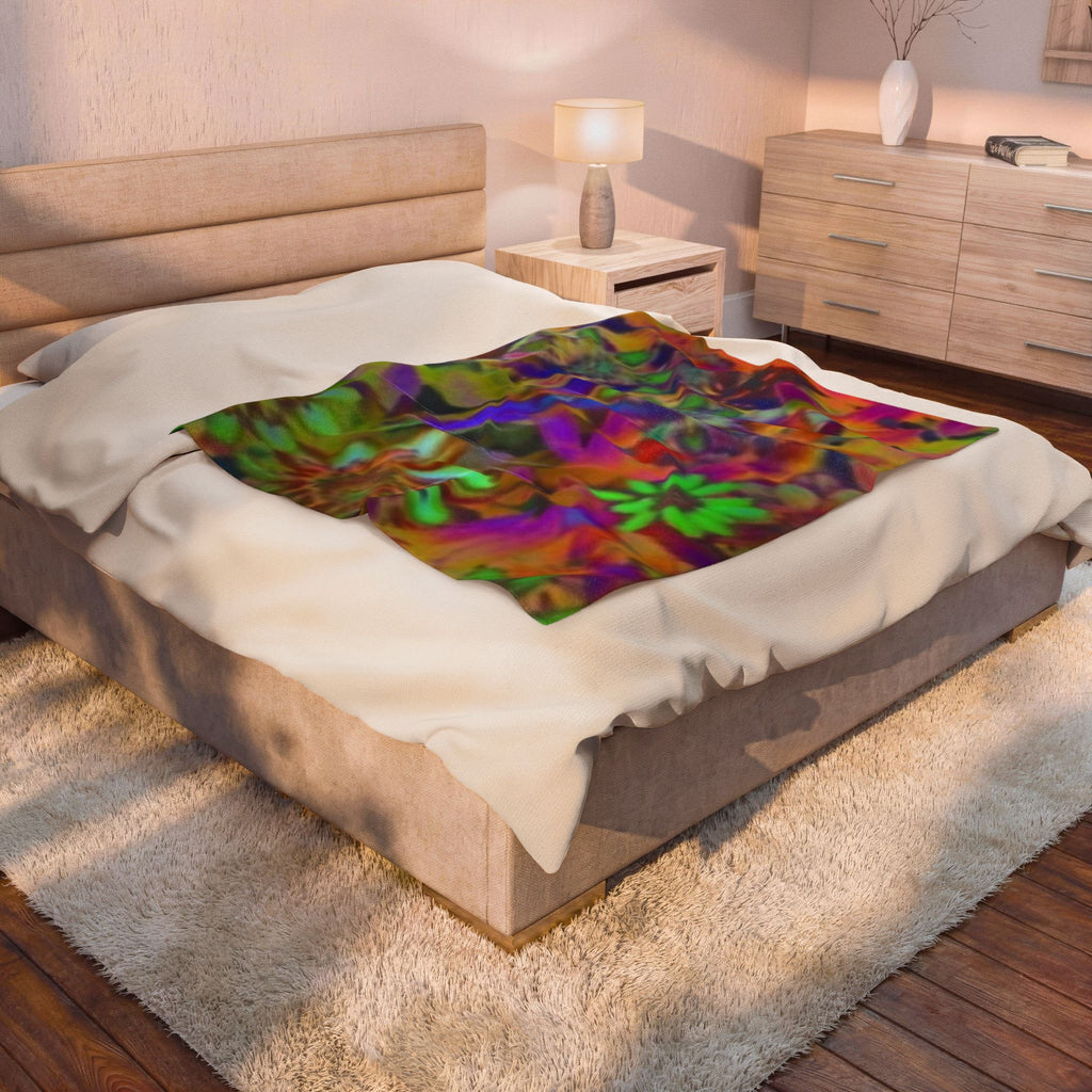 Psychedelic Floral Velveteen Plush Blanket — Vibrant Rainbow Flowers Throw for Cozy Boho Living, Gift for Her