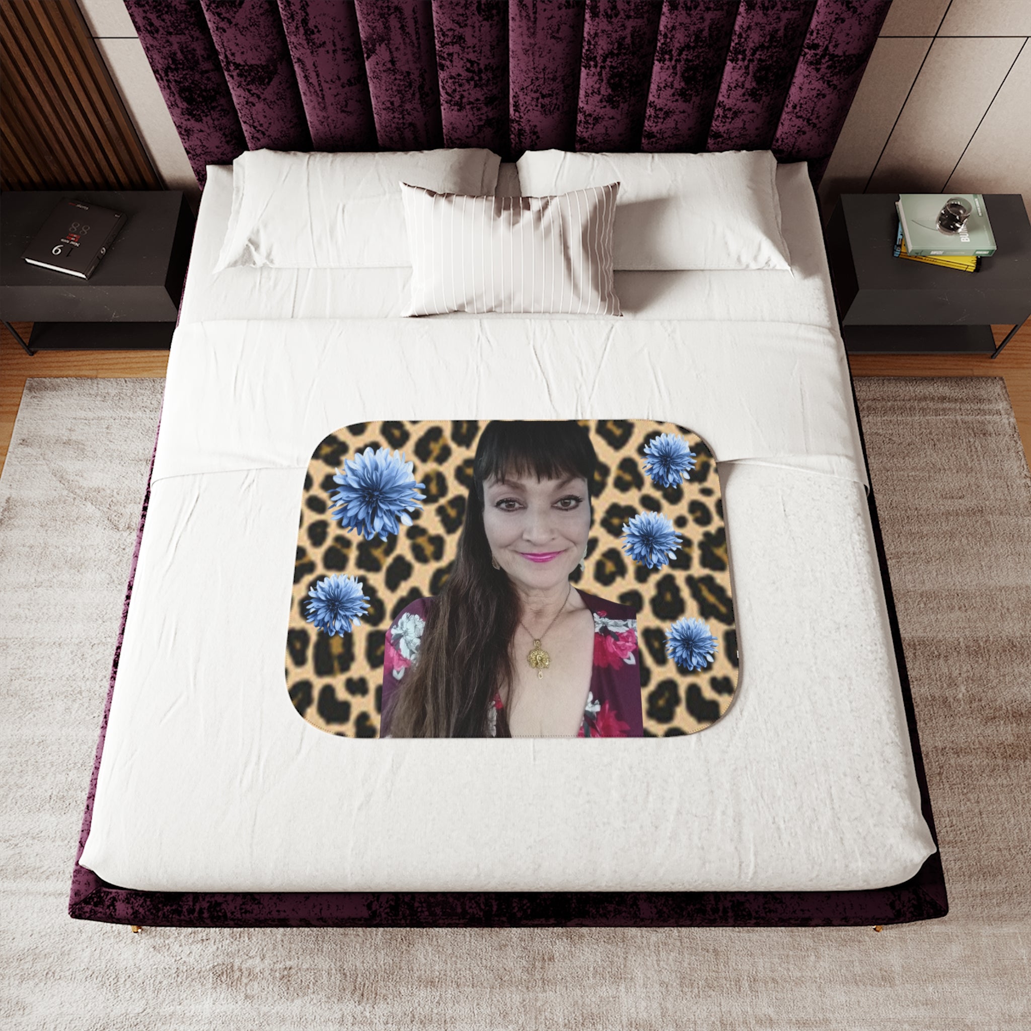 Mary Jordan Sherpa Blanket — Leopard Print with Blue Flowers