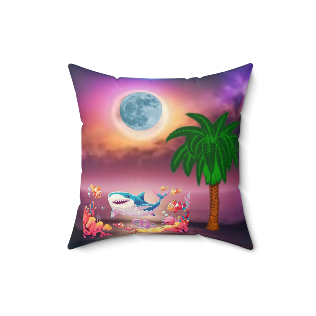 Square Pillow — Surreal Moonlit Beach Design (Butterfly, Fish & Palm)