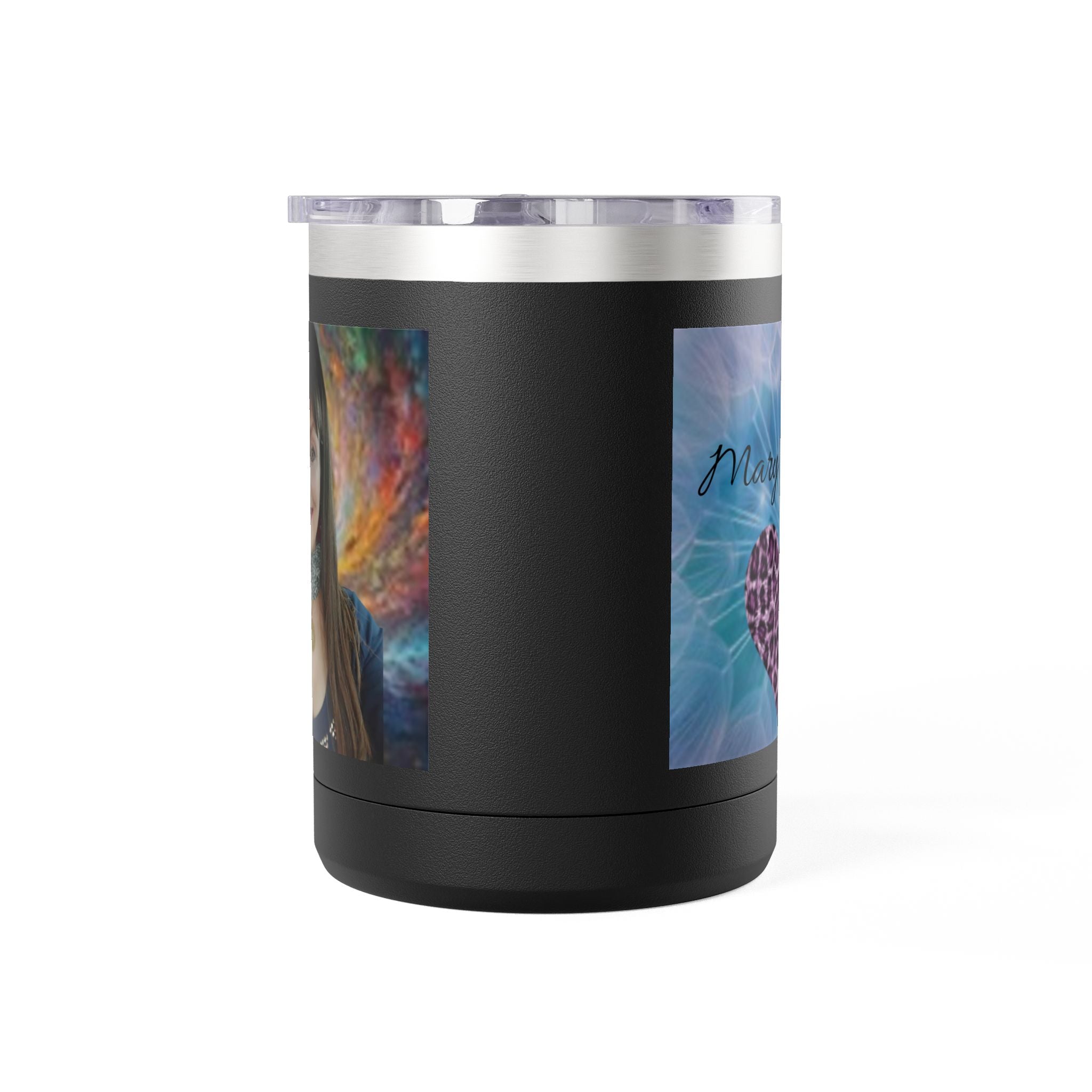 Mary Jordan Custom 15oz Travel Mug Tumbler — Personalized 'Enter text' Blue Floral Design & Heart
