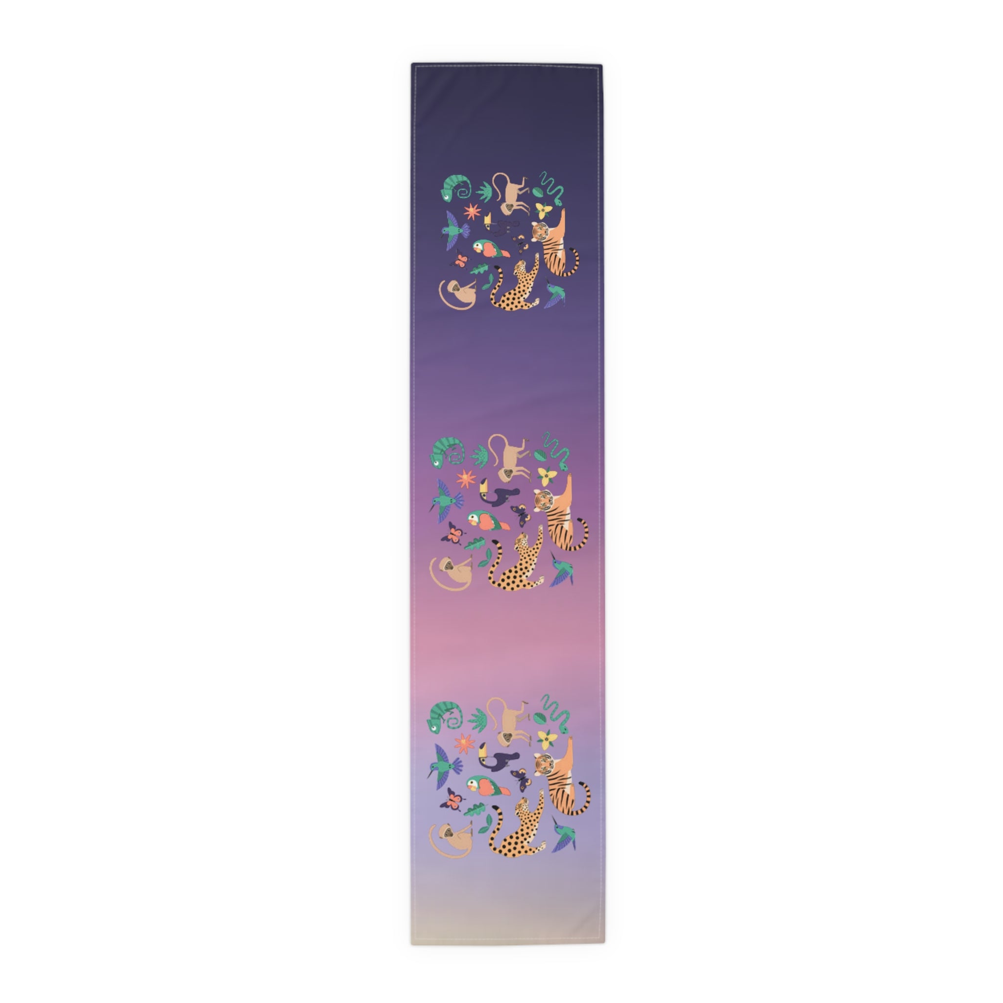 Tropical Jungle Table Runner — Gradient Purple with Tigers & Parrots