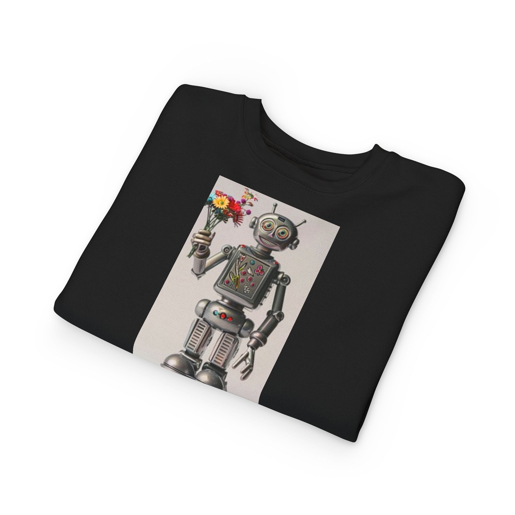 Retro Robot Toddler Sweatshirt — Cute Robot Holding Flowers Graphic