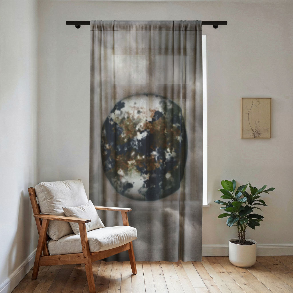 Sheer Curtain with Abstract Earth Orb & Earth Facts — Ethereal Planet Window Drape