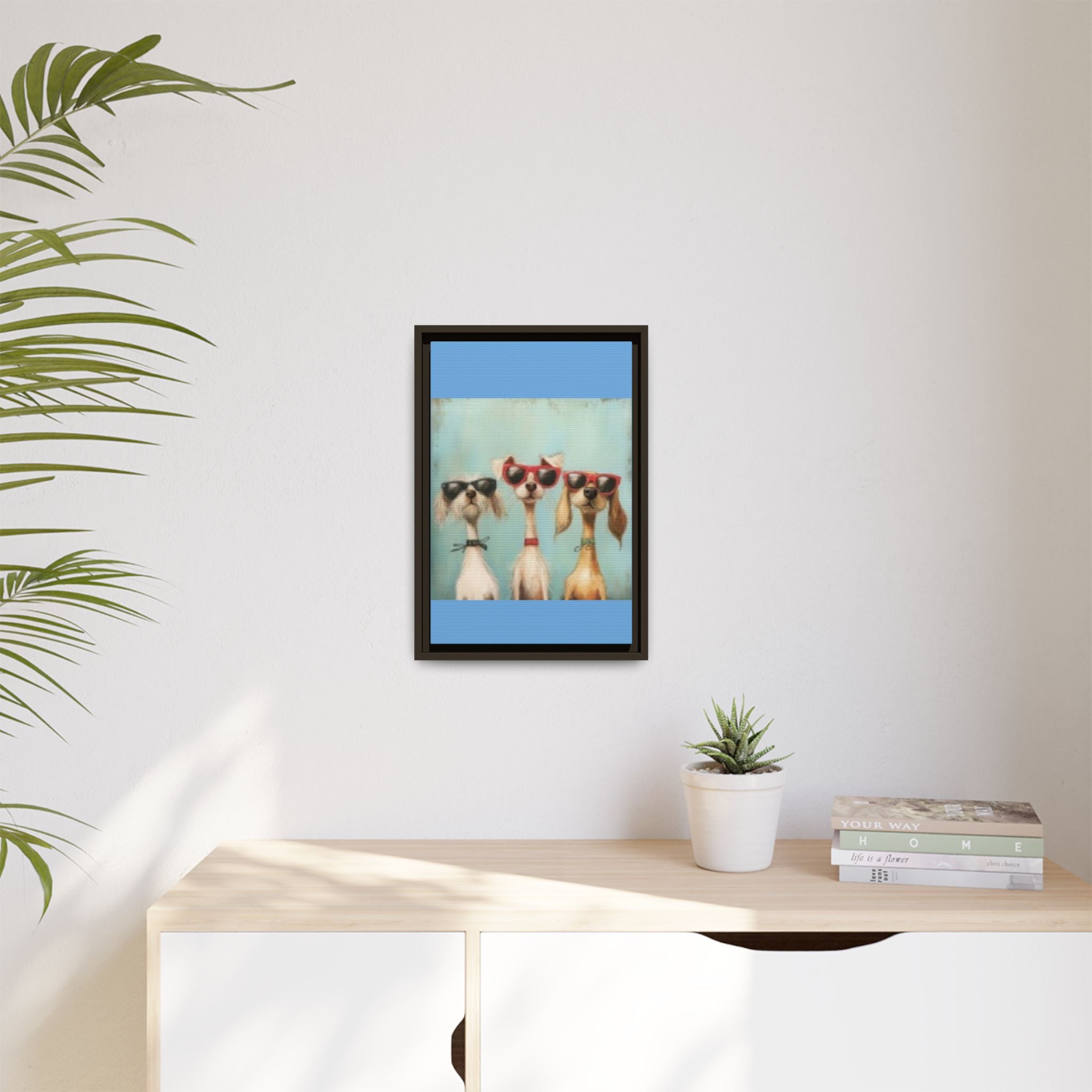 Framed Matte Canvas — Three Cool Dogs in Sunglasses Wall Art