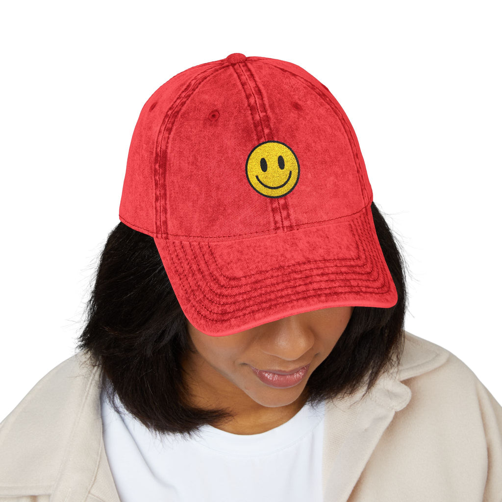 Red Vintage Embroidered Smiley Cap